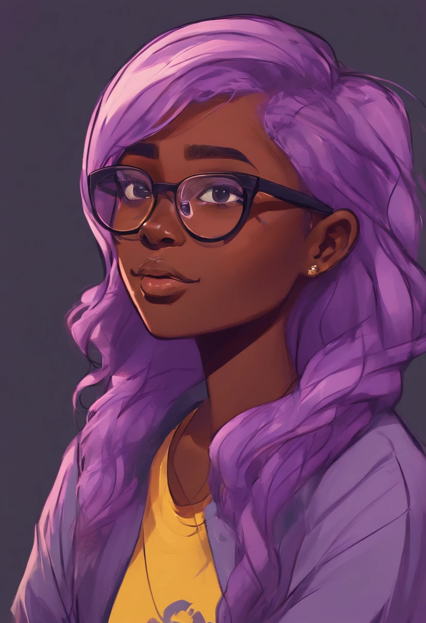 teenage girl, dark skin, light purple hair, glasses, yellow shirt, wavy hair, 2D, cartoon style