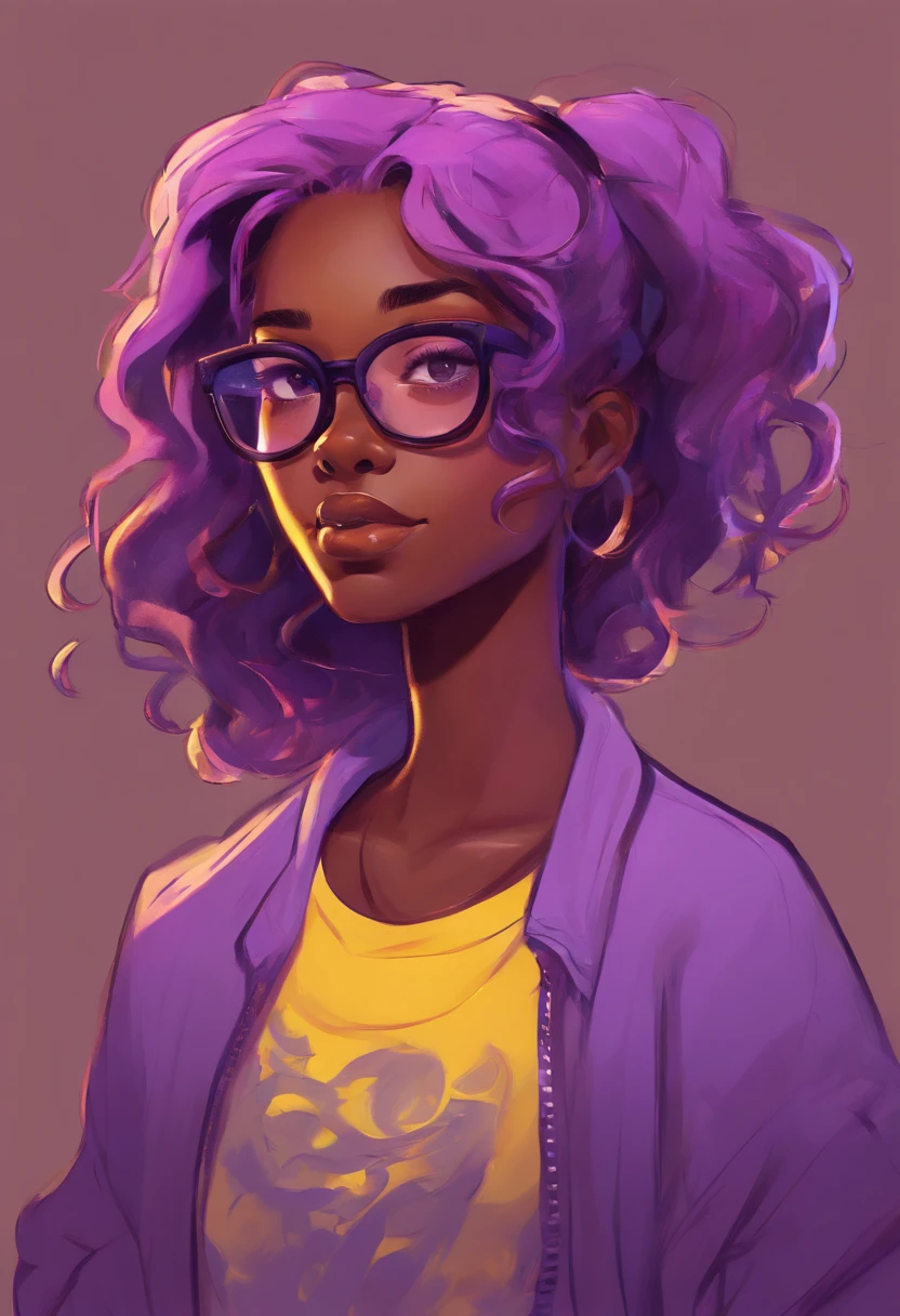 age girl, dark skin, light purple hair, glasses, yellow shirt, wavy hair, 2D, cartoon style