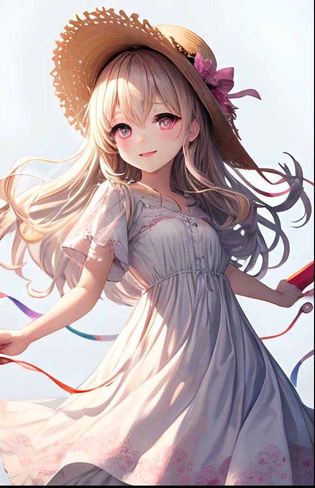 girl with、No background、without background、Background through、White blonde、Pink ash、Pink eyes、Pink eyes、The long-haired、Long、a straw fedora hat、White dress、A smile、kawaii、