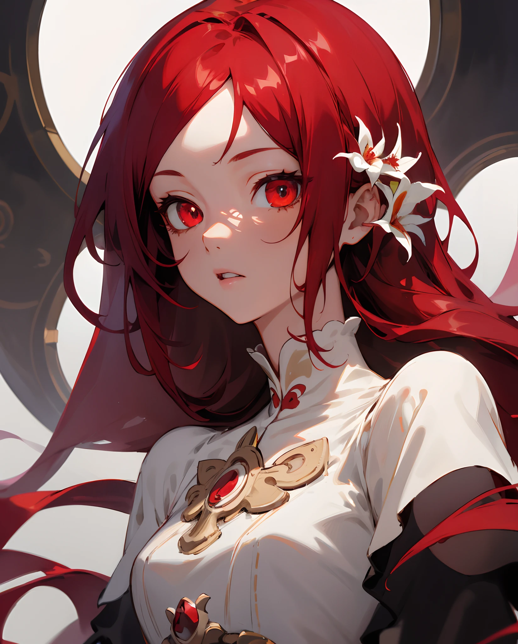 ((Retina)), masterpiece, anatomically correct, textured skin, super detail, high detail, high quality, best quality, highres, 4K, (Detailed Lights, Detailed Shadows), 1Woman, Close-up,half body Portrait, (Half Body), Extremely Detailed Clothes, Detailed Skin, Perfect Body,anime girl with long red hair and one single white flower on the right of her hair, detailed portrait of anime girl, mediaval, noble dress, royal dress, cream dress with black embriodery, gothic cream dresses, long dress, 18 years old girl, crimson hair, crimson pupils, face to face, front view of face, eye full of admirations