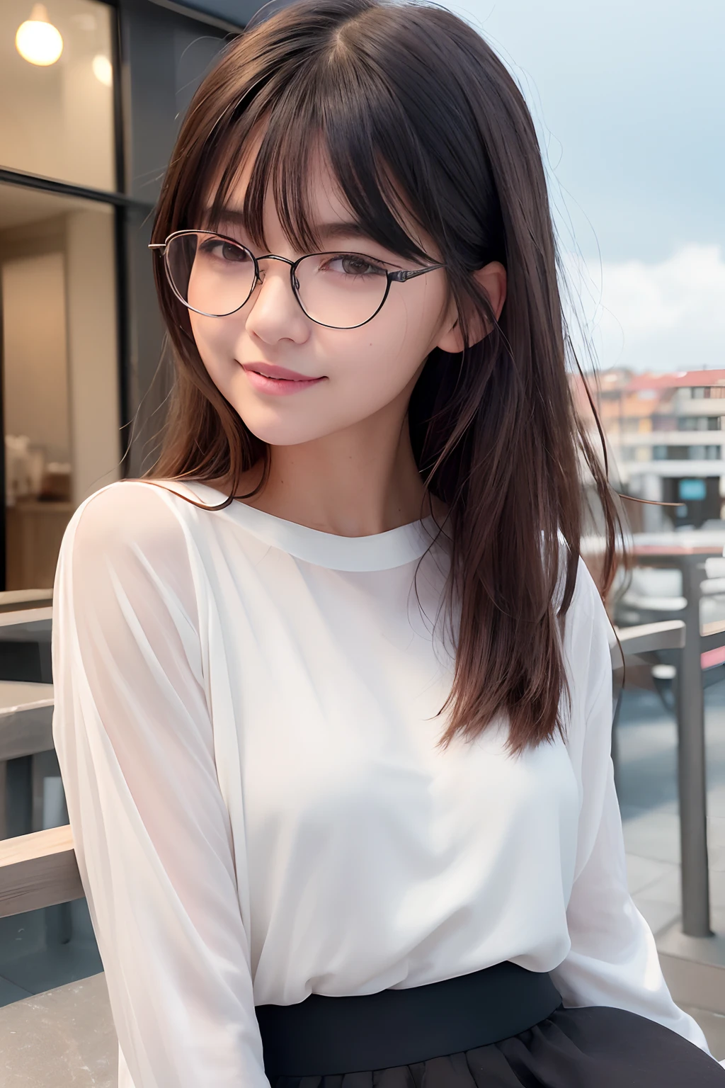 (RAW Photography、top-quality)、(realisitic、Photorealsitic:1.2)、a close up portrait photo、1 girl in、Rooftop café in a shopping mall、outside of house、a smile、(High definition skin:1.4)、Puffy eyes、Gorgeous hair、Air bangs、Brown black hair、White opaque shirt、skirt by the、Soft lighting、hightquality、((eye glass))