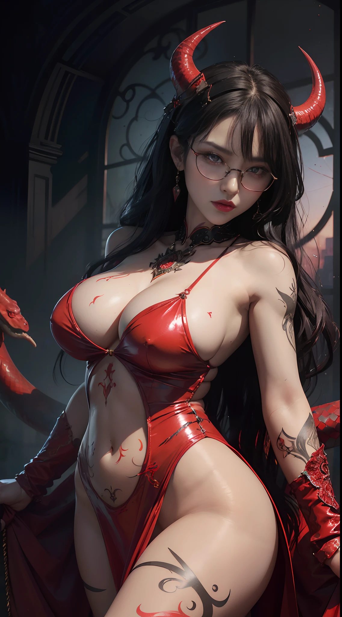 Fine、(The best illustrations)、8k UHD resolution、intricate-detail、top-quality、realisitic、ultra-detailliert、The best lighting、Best Shadows、Soft lighting、Ulutra HD、1 beautiful devil woman from hell, surreal female portraits by David Hockney and Alphonse Mucha, Portrait of a seductive woman、Fantasy Art, Chinese Doll、Dungeon、The dragon、Devil's Palace、Devil's Torture Chamber、magia、 Evil Nun、Dark Necromancer、natta、Dark style、Succubus、Devil's Daughter、Umi Shinonome、Bat Wings,(((Demon Horns)))、((((black-rimmed round glasses))))、(((Colossal tits)))、(Devil's Tail)、(red eyes glowing:1.6)、 intricate tattoos, demonic intricate tattoos, thigh tattoos, body tattoos, masterpiece、beautiful countenance、a baby face、Muscular seductive body、The enchanting body of the devil、Chinese actress、fukada kyoko、Seductive Black Magic Costume、(((A shiny red snake is wrapped around her body)))、Tindall Effect、photos realistic、(High Detail Skins:1.2)、 (Intricate details, makeup, pureerosface_v1:0.5), (Detailed beautiful delicate face, Detailed beautiful delicate eyes, A perfectly proportioned face, High detailed skin, Detailed skin, best ratio four finger and one thumb, arms below breasts, Tattoo with a red glow under the stomach、Awesome awesome, wide hips, smooth midriff, skiny and thin, __Fashion__, __hair__:1.25)、Digital SLR、hightquality、a picture、hight resolution、 absurderes、Ponytail distortion、1人、Red sparkling gemstone necklace、jewely、Beautiful expression、Body Up、Large breasts emphasis、Toned waist、Wide buttocks、Devil's Tail、intricate tattoos, demonic intricate tattoos, thigh tattoos, body tattoos, effect、Photorealsitic、(High Detail Skins:1.2)、In the Dark, lowkey, cowboy lens, (red phoenix dress: 1.0), Seductive Black Magic Costume、Long hair, Black hair, Bust, Devil's Palace, devil crown, red eyes make up very sharp and detailed, The most beautiful face, Super tight breasts, Breast augmentation surgery, The breasts are very big and round and round, Black magic costume、Super realistic , Charming smile,a baby fa