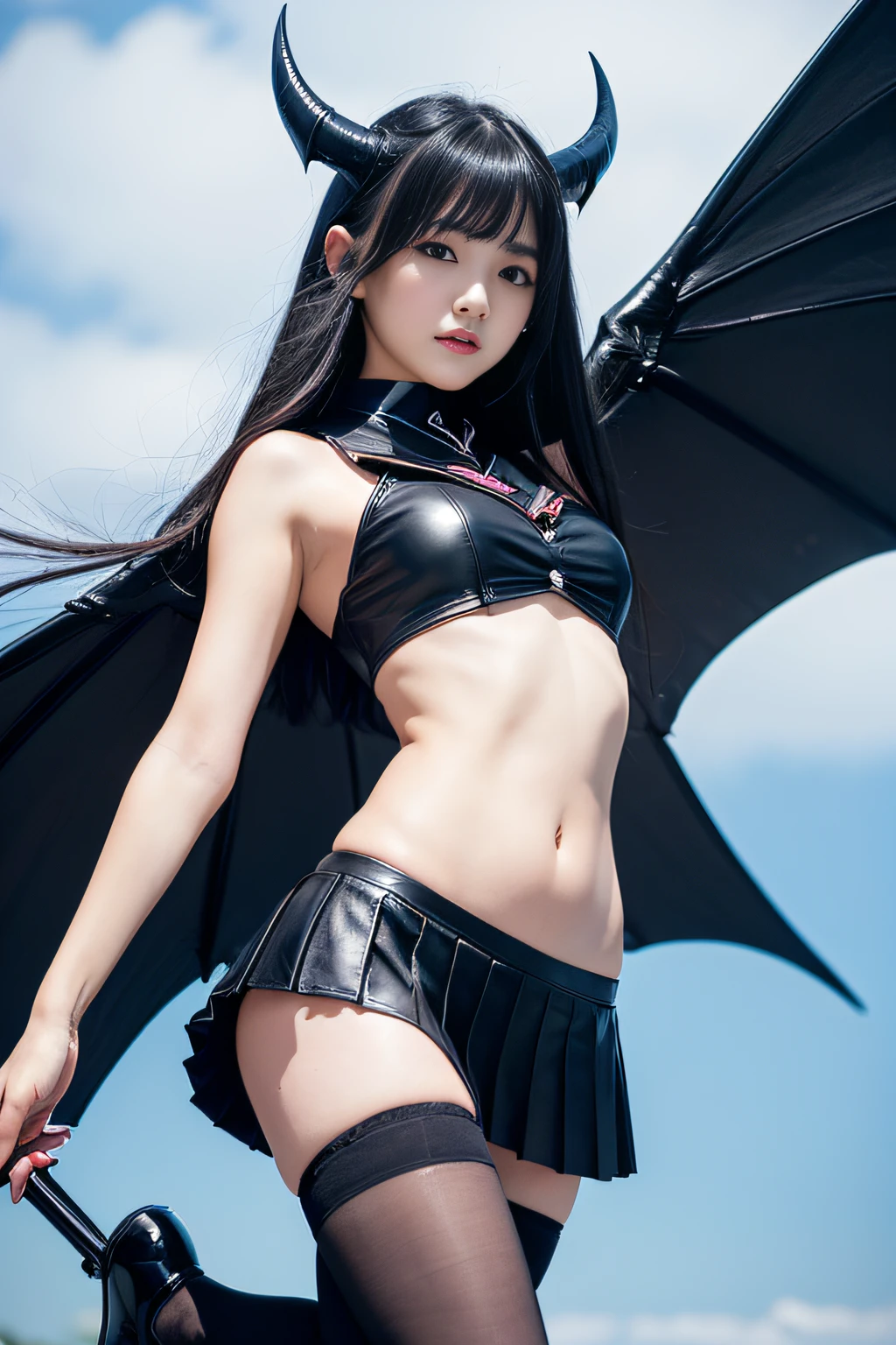 (masterpiece,top-quality,超A high resolution),A Japanese Lady、Cute as an angel、Kawaii Girl、View photographer、Front view, hyper cute face, Glossy lips, Double eyelids in both eyes, Natural makeup, long eyelashes, shiny and smooth hair, central image, Perfect limbs, Perfect Anatomy、(((Black leather sailor suit、Black Leather Pleated Skirt、Navel))),(black garter belt、Black pantyhose), (((Very beautiful 15 year old girl)))、(((White hair)))、(((Giant Devil's Horn)))、(((giant bat wings))、(((levitation、Floating in the sky)))