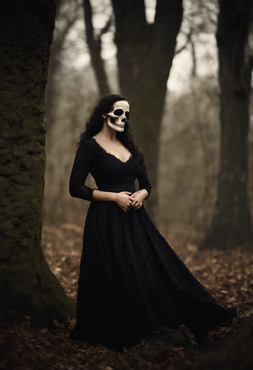 Uma bruxa de beleza exuberante, Wearing a black dress and holding a skull, In the graveyard by moonlight