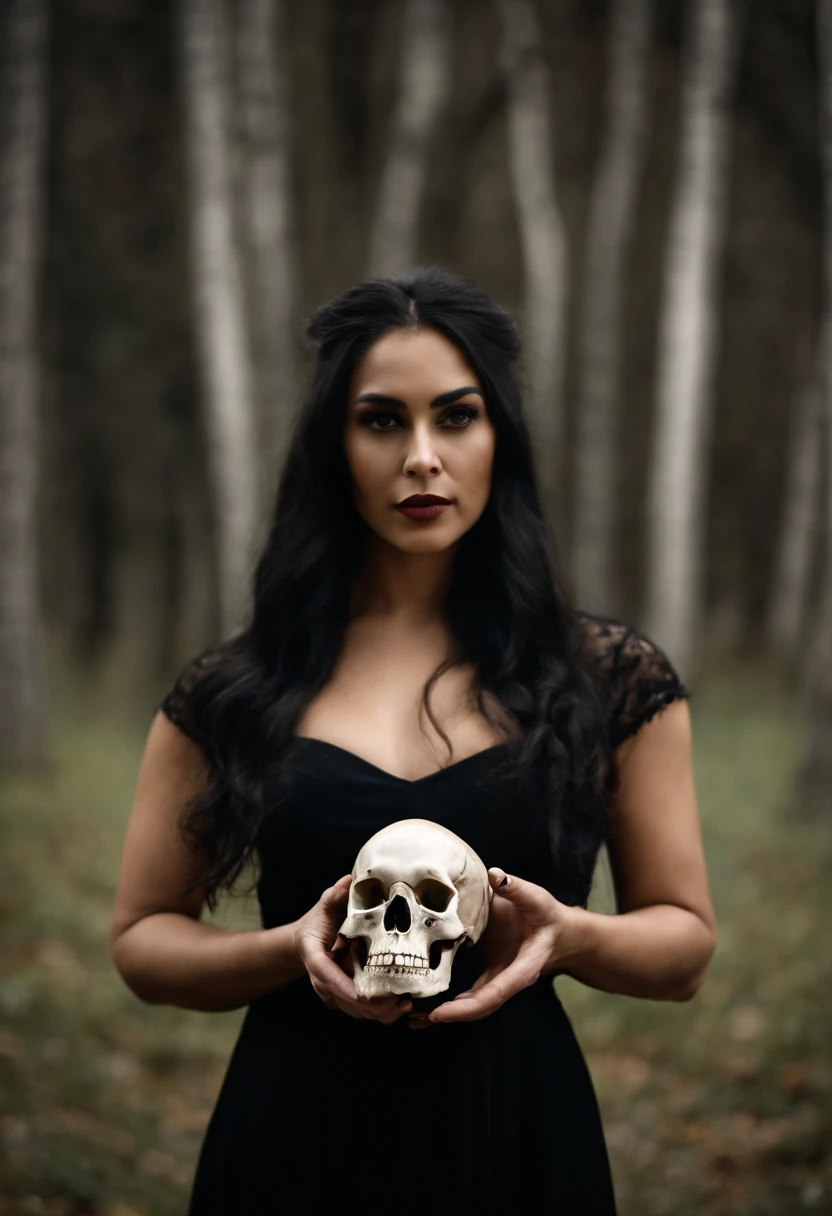 Uma bruxa de beleza exuberante, Wearing a black dress and holding a skull, In the graveyard by moonlight