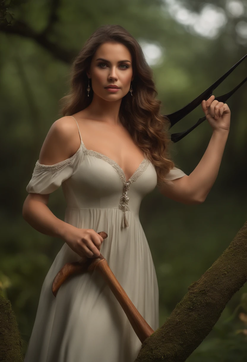 (melhor qualidade,4k,8k,Altas,master part:1.2),ultra-detalhado,(Realistic,fotorrealista,photo-realistic:1.37),Seductive woman holding an bat,menina de 20 e poucos anos, mulher com corpo coberto por arbustos, Paisagem da natureza,fundo da floresta
