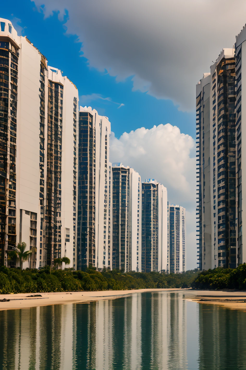 Luxury condominiums contrasting with the enormous poverty outside the walls, Sheds in the middle of the mangrove swamp. The wall of buildings cuts the horizon from outside to outside, And behind the tops of the verdant hills touch the low clouds of the cloudy sky.