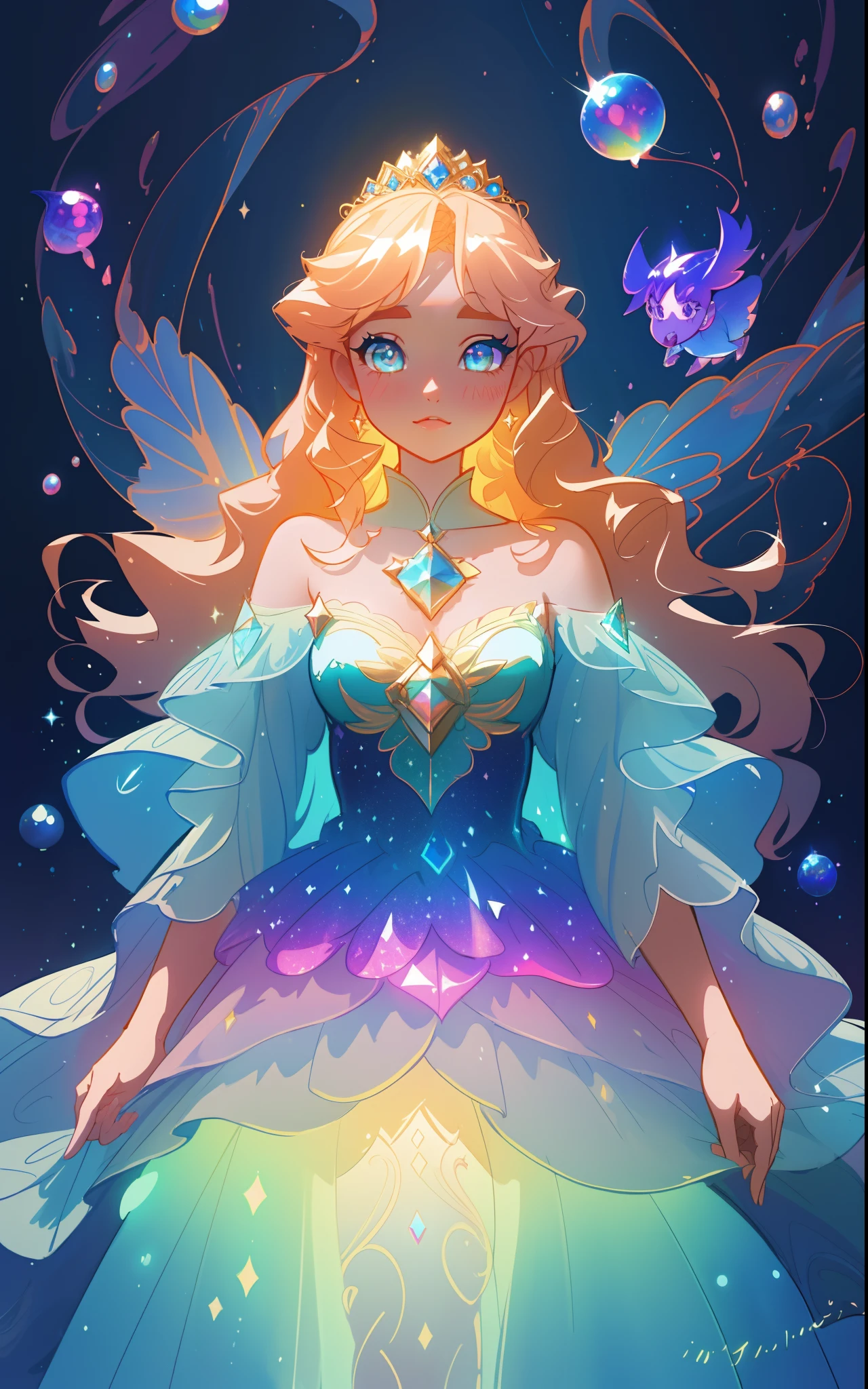 beautiful girl, puffy tiered rainbow ballgown, princess, intricate dress design, (colorful), long wavy hair, magical lights, sparkling magical liquid, inspired by Glen Keane, inspired by Lois van Baarle, disney art style, by Lois van Baarle, glowing aura around her, by Glen Keane, jen bartel, glowing lights! digital painting, flowing glowing hair, glowing flowing hair, beautiful digital illustration, fantasia background, whimsical, magical, fantasy, ((masterpiece, best quality)), intricate details, highly detailed, sharp focus, 8k resolution, sparkling detailed eyes, liquid watercolor