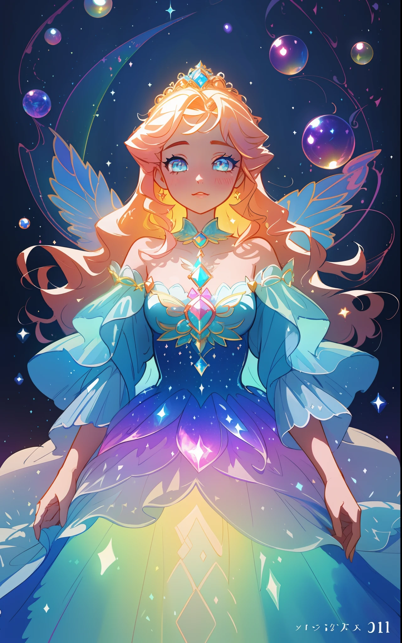 beautiful girl, puffy tiered rainbow ballgown, princess, intricate dress design, (colorful), long wavy hair, magical lights, sparkling magical liquid, inspired by Glen Keane, inspired by Lois van Baarle, disney art style, by Lois van Baarle, glowing aura around her, by Glen Keane, jen bartel, glowing lights! digital painting, flowing glowing hair, glowing flowing hair, beautiful digital illustration, fantasia background, whimsical, magical, fantasy, ((masterpiece, best quality)), intricate details, highly detailed, sharp focus, 8k resolution, sparkling detailed eyes, liquid watercolor