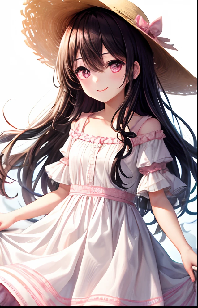 girl with、No background、without background、Background through、A dark-haired、Pink ash、Pink eyes、Pink eyes、The long-haired、long、a straw fedora hat、White dress、A smile、kawaii、