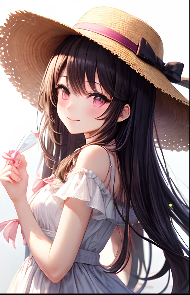 girl with、No background、without background、Background through、A dark-haired、Pink ash、Pink eyes、Pink eyes、The long-haired、long、a straw fedora hat、White dress、A smile、kawaii、