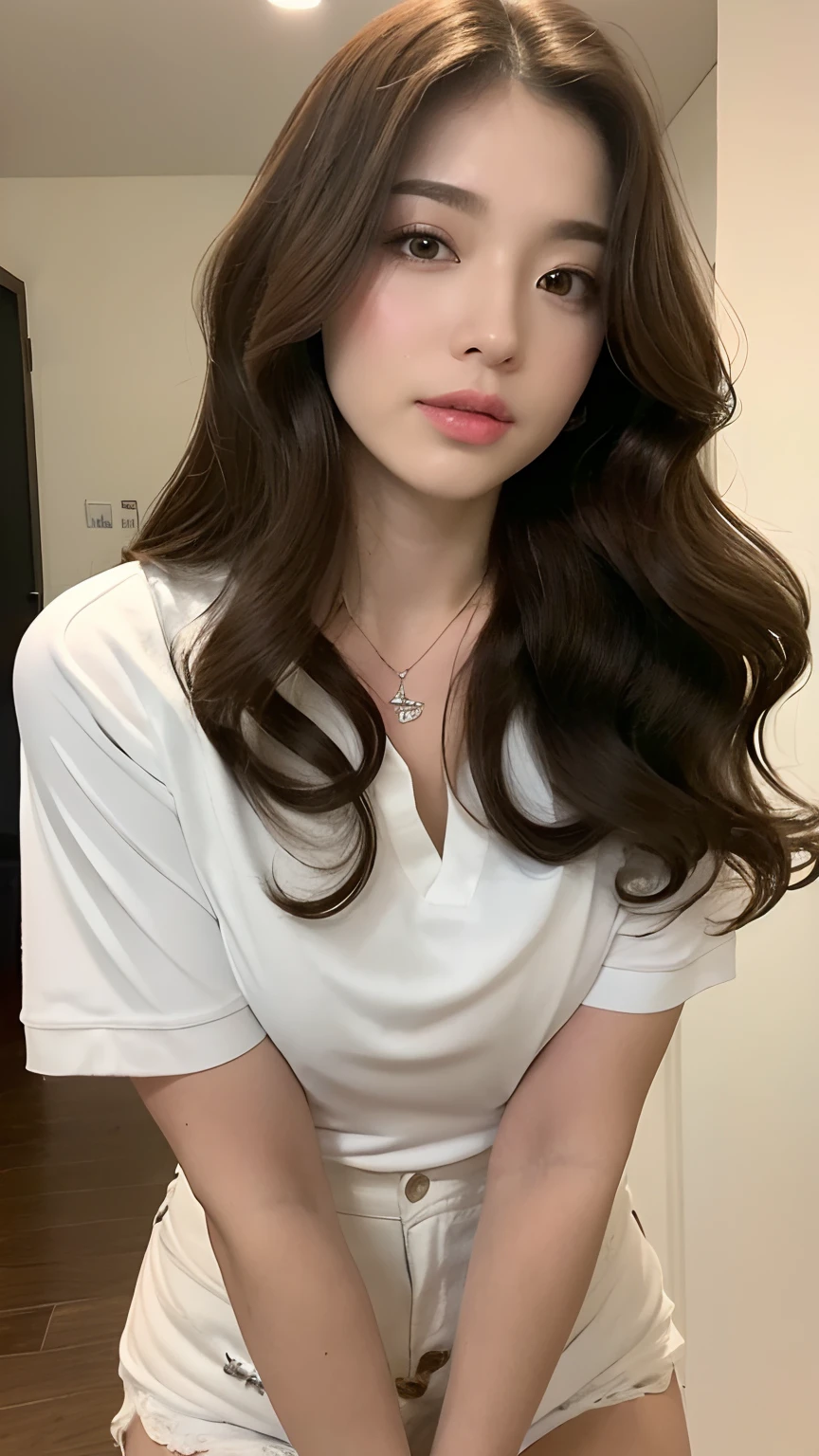 ((best qualtiy, 8K, tmasterpiece:1.3)), Focus:1.2, perfect figure beautiful woman:1.4, Cocked buttocks:1.2, ((Random Long Thick Hairstyle) ((Brown Wavy Hair In Big Curls))(Long white legs:1.3,(Polo shirt With Shorts:1.2) , (inside in room: 1.2), Highly detailed facial and skin texture, A detailed eye, 二重まぶた,Whiten skin,(Straight big breasts:1.3), looking at camera, Wear a necklace,