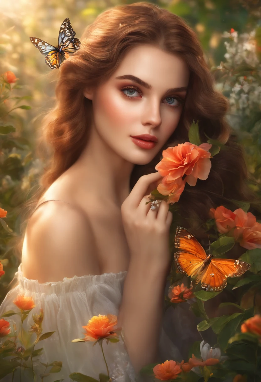 A girl in a garden,beautiful detailed eyes,beautiful detailed lips,extremely detailed eyes and face,longeyelashes,illustration,additional flowers and butterflies, (best quality,highres:1.2),ultra-detailed,(realistic:1.37),vibrant colors,warm sunlight