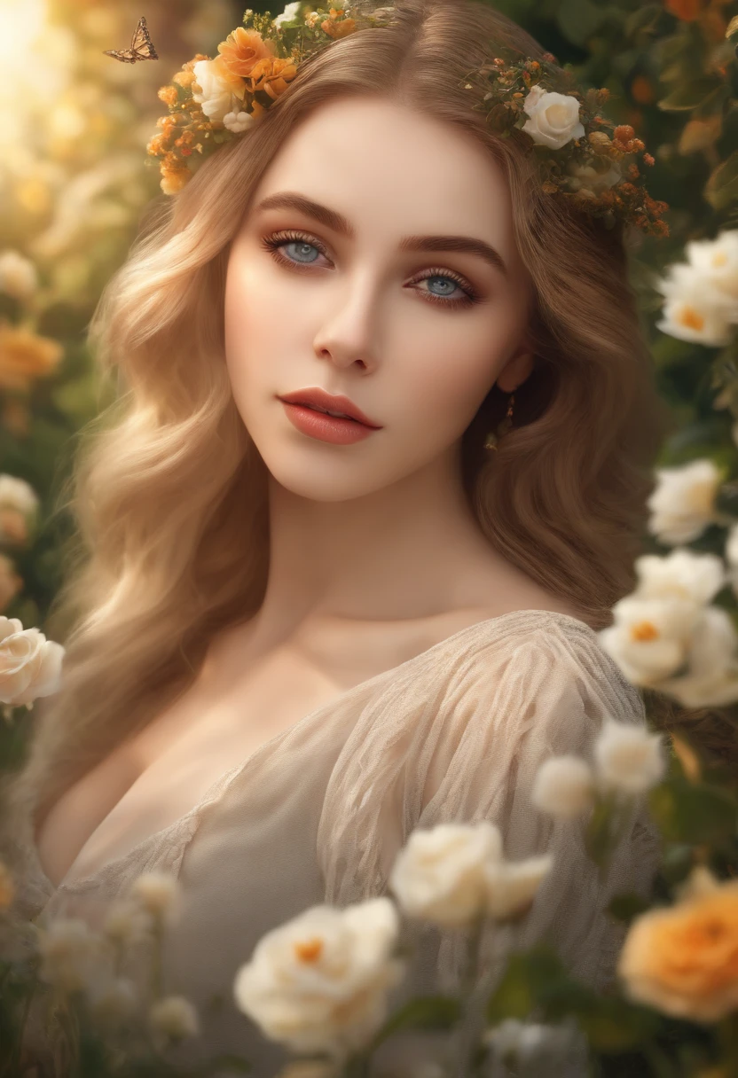 A girl in a garden,beautiful detailed eyes,beautiful detailed lips,extremely detailed eyes and face,longeyelashes,illustration,additional flowers and butterflies, (best quality,highres:1.2),ultra-detailed,(realistic:1.37),vibrant colors,warm sunlight