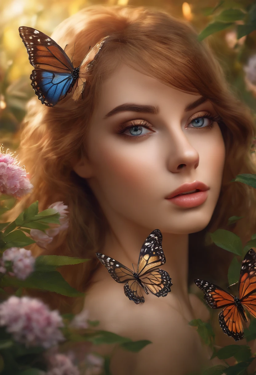 A girl in a garden,beautiful detailed eyes,beautiful detailed lips,extremely detailed eyes and face,longeyelashes,illustration,additional flowers and butterflies, (best quality,highres:1.2),ultra-detailed,(realistic:1.37),vibrant colors,warm sunlight