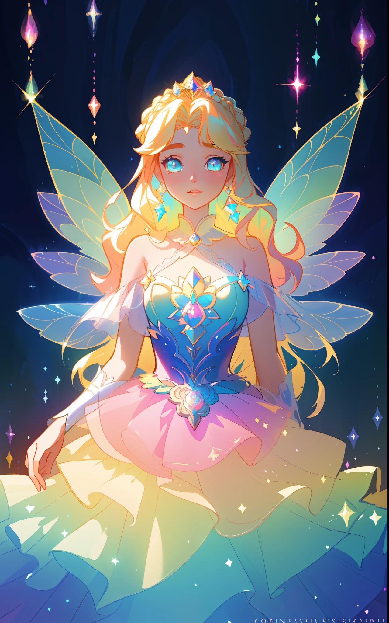 beautiful girl, puffy tiered rainbow ballgown, princess, intricate dress design, (colorful), long wavy hair, magical lights, sparkling magical liquid, inspired by Glen Keane, inspired by Lois van Baarle, disney art style, by Lois van Baarle, glowing aura around her, by Glen Keane, jen bartel, glowing lights! digital painting, flowing glowing hair, glowing flowing hair, beautiful digital illustration, fantasia background, whimsical, magical, fantasy, ((masterpiece, best quality)), intricate details, highly detailed, sharp focus, 8k resolution, sparkling detailed eyes, liquid watercolor