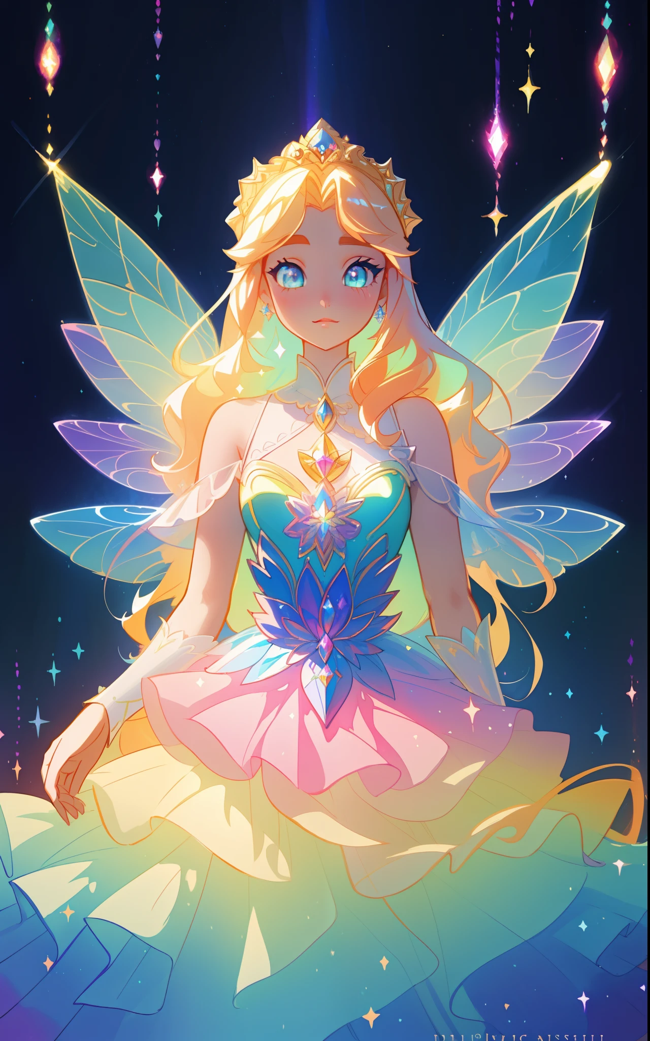 beautiful girl, puffy tiered rainbow ballgown, princess, intricate dress design, (colorful), long wavy hair, magical lights, sparkling magical liquid, inspired by Glen Keane, inspired by Lois van Baarle, disney art style, by Lois van Baarle, glowing aura around her, by Glen Keane, jen bartel, glowing lights! digital painting, flowing glowing hair, glowing flowing hair, beautiful digital illustration, fantasia background, whimsical, magical, fantasy, ((masterpiece, best quality)), intricate details, highly detailed, sharp focus, 8k resolution, sparkling detailed eyes, liquid watercolor