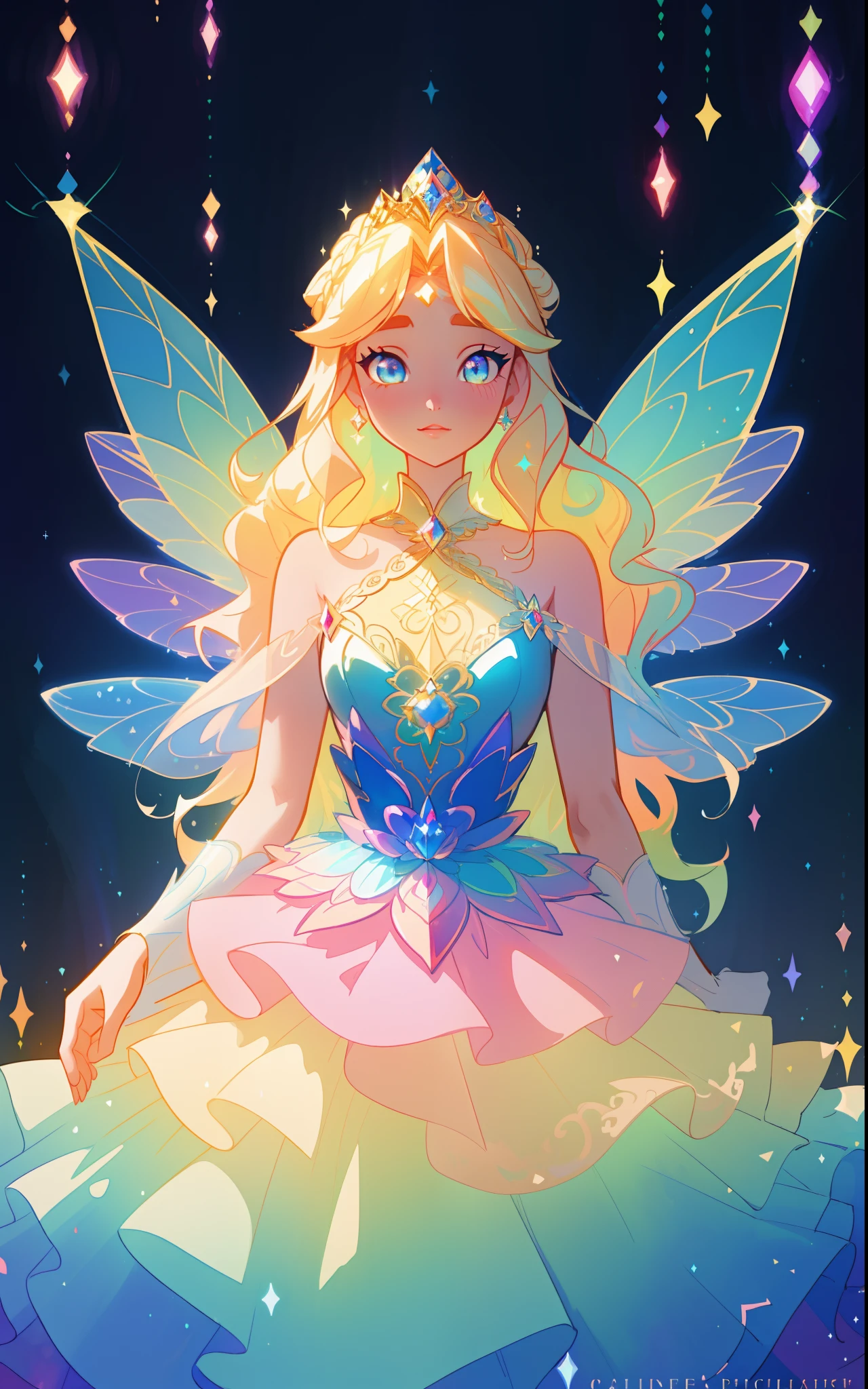 beautiful girl, puffy tiered rainbow ballgown, princess, intricate dress design, (colorful), long wavy hair, magical lights, sparkling magical liquid, inspired by Glen Keane, inspired by Lois van Baarle, disney art style, by Lois van Baarle, glowing aura around her, by Glen Keane, jen bartel, glowing lights! digital painting, flowing glowing hair, glowing flowing hair, beautiful digital illustration, fantasia background, whimsical, magical, fantasy, ((masterpiece, best quality)), intricate details, highly detailed, sharp focus, 8k resolution, sparkling detailed eyes, liquid watercolor