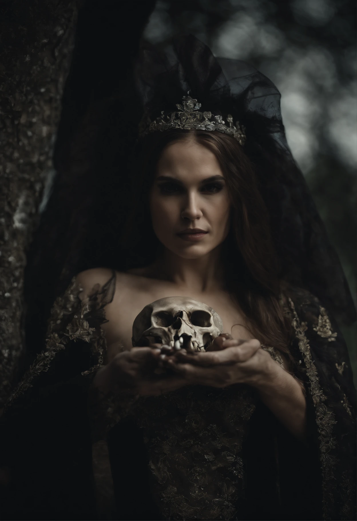 Uma bruxa de beleza exuberante, Wearing a black dress and holding a skull, In the graveyard by moonlight
