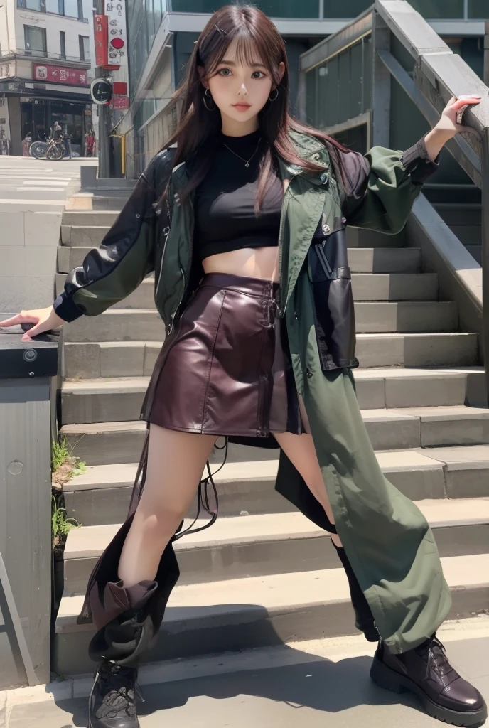 infp young woman、Good Style、、a miniskirt、Red-brown and dark purple（Shiny Green Line）Fashion、Idol face、large full breasts、、True