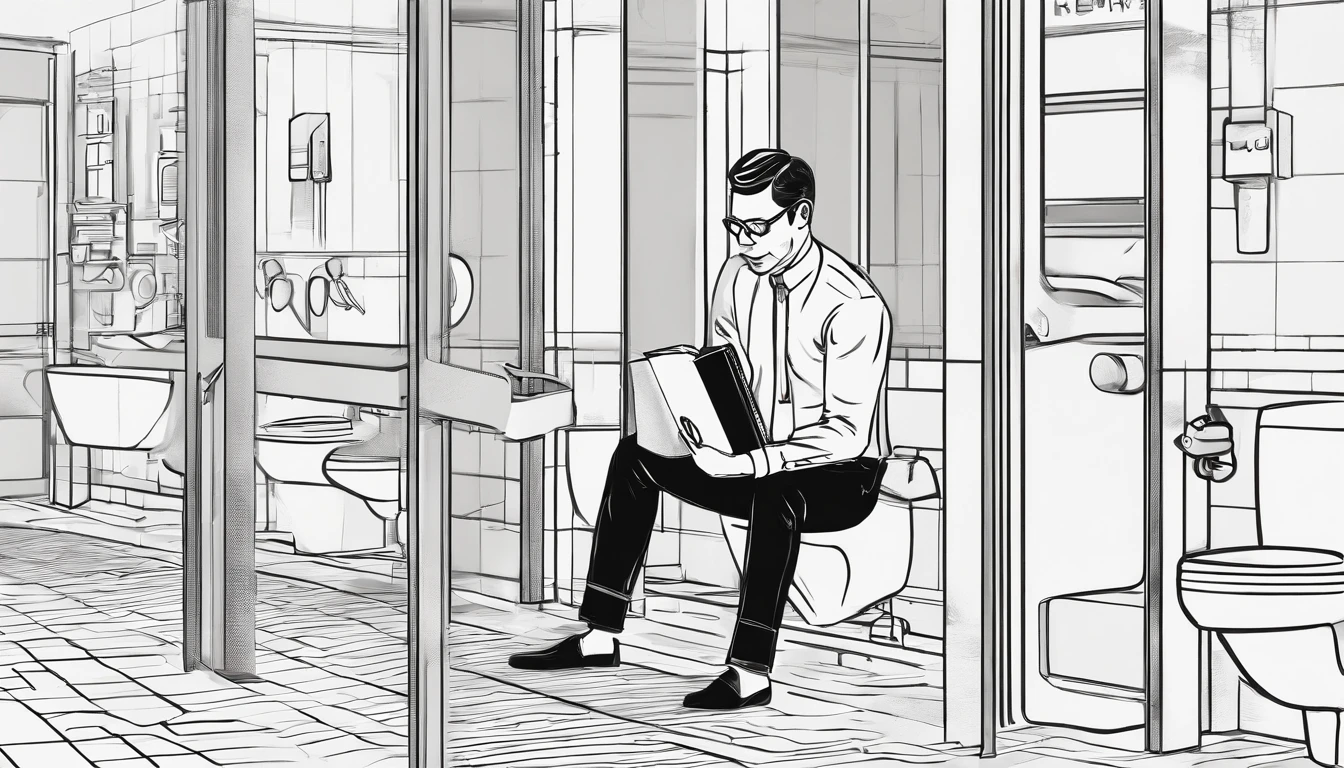 [Man sitting on the floor of a clean public toilet，Wear a suit and leather shoes。He was holding a book，There is a briefcase next to it。It should be reflected in the environment of public restrooms