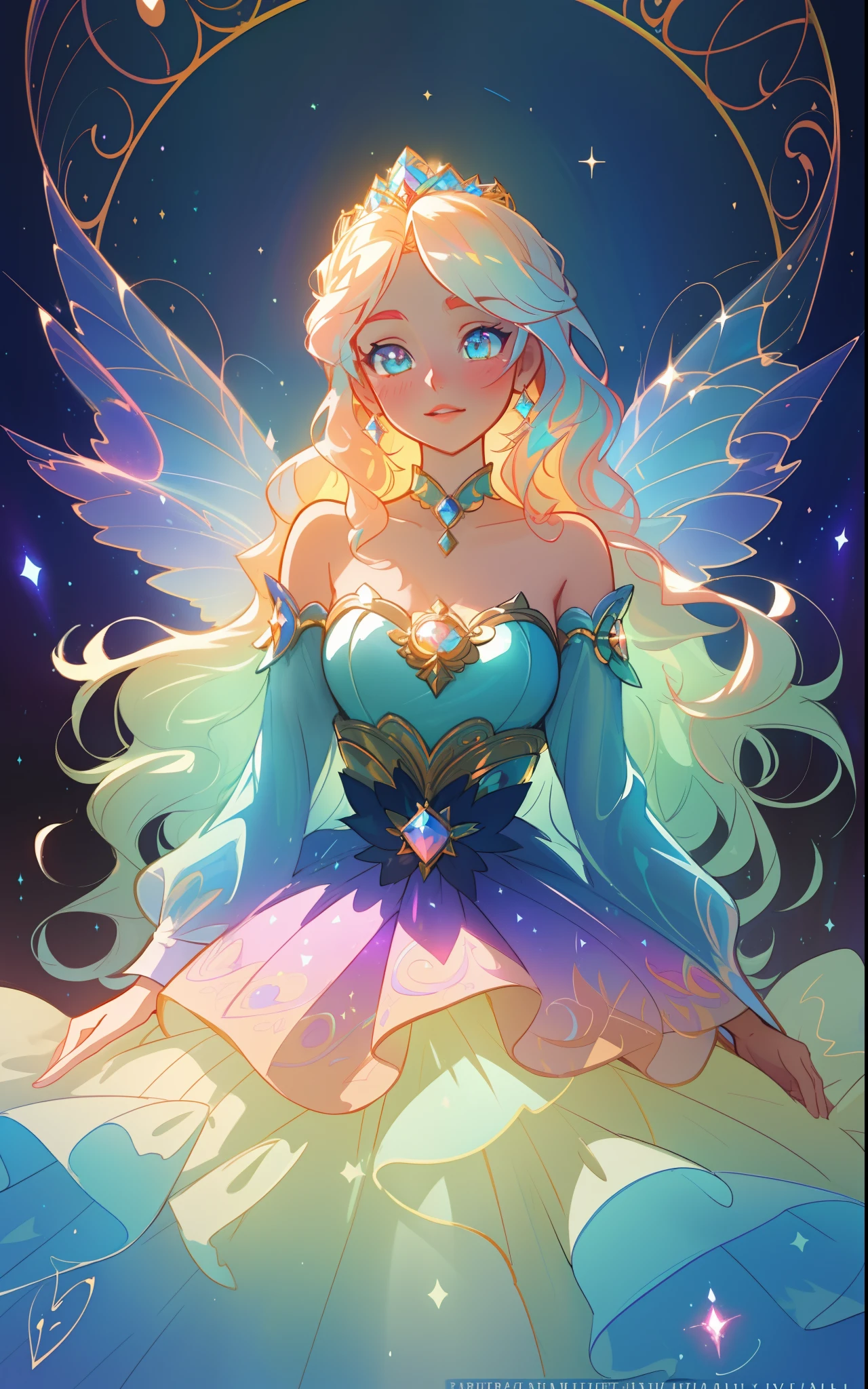 beautiful girl, puffy tiered rainbow ballgown, princess, intricate dress design, (colorful), long wavy hair, magical lights, sparkling magical liquid, inspired by Glen Keane, inspired by Lois van Baarle, disney art style, by Lois van Baarle, glowing aura around her, by Glen Keane, jen bartel, glowing lights! digital painting, flowing glowing hair, glowing flowing hair, beautiful digital illustration, fantasia background, whimsical, magical, fantasy, ((masterpiece, best quality)), intricate details, highly detailed, sharp focus, 8k resolution, sparkling detailed eyes, liquid watercolor