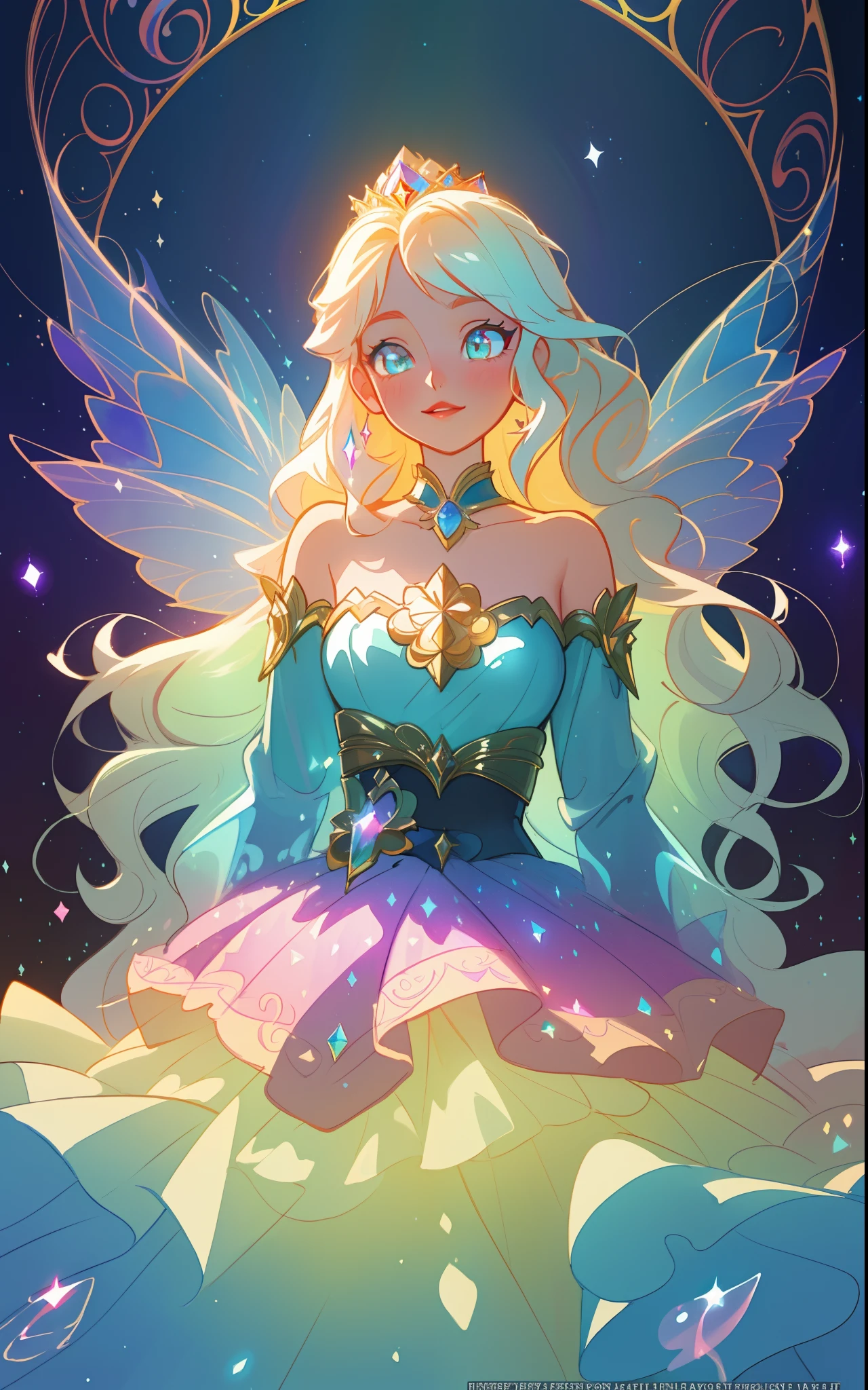 beautiful girl, puffy tiered rainbow ballgown, princess, intricate dress design, (colorful), long wavy hair, magical lights, sparkling magical liquid, inspired by Glen Keane, inspired by Lois van Baarle, disney art style, by Lois van Baarle, glowing aura around her, by Glen Keane, jen bartel, glowing lights! digital painting, flowing glowing hair, glowing flowing hair, beautiful digital illustration, fantasia background, whimsical, magical, fantasy, ((masterpiece, best quality)), intricate details, highly detailed, sharp focus, 8k resolution, sparkling detailed eyes, liquid watercolor