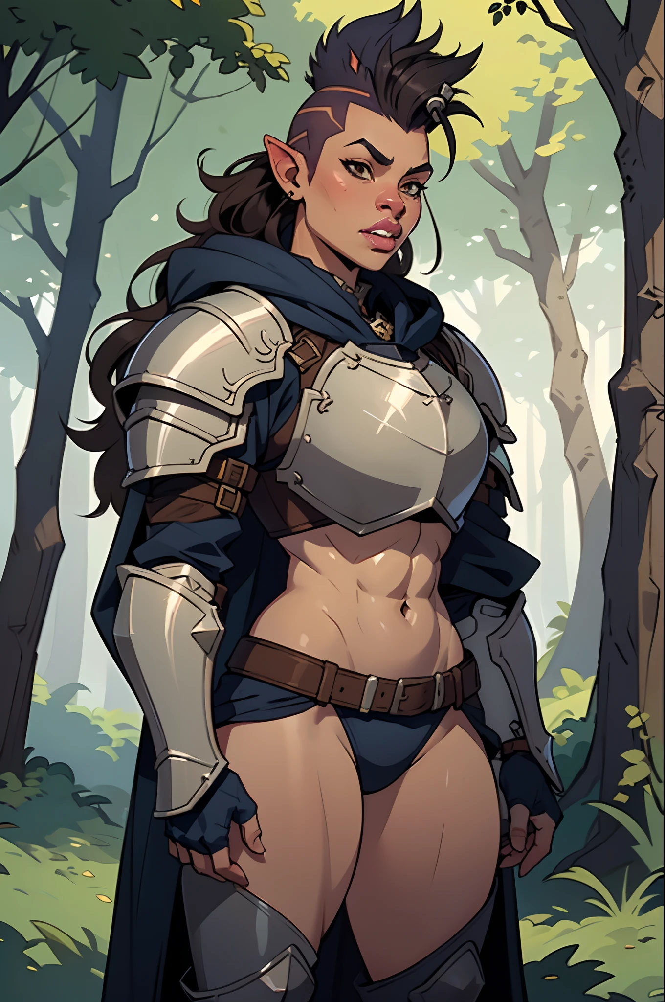 Solo, orc, girl, standing, muscular, (tusks, underbite), forest, teeth, ((armor, chestpiece, knight)), (big lips, thick lips), tan skin, ((mohawk)), messy hair, wavy hair, abs, navy cloak