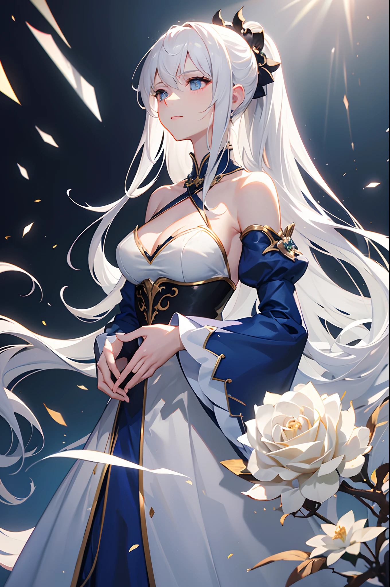 8k, highres, ultra detailed, (masterpiece:1.4), 1girl , armpit crease , black blindfold , blue dress , blue sleeves , bridal gauntlets , chinese clothes , chromatic aberration , closed mouth , collarbone , covered eyes , detached sleeves , epiphyllum , facing ahead , from side , gradient background , grey background , hands on own stomach , high ponytail, holding flower , long hair , long sleeves , medium breasts , parted bangs , sidelocks , solo , upper body , white hair , white rose