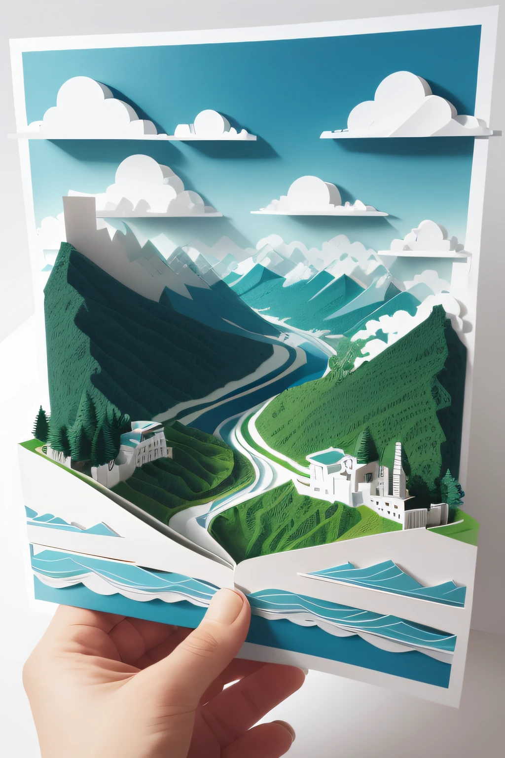 paper cut out,with blue sky and white clouds,Green Mountains and Green Water,terraced,Birds fly over it, layered paper art, arte em papel cortado, layered paper style, paper art, intricate 3 d illustration, paper cut out collage artwork, paper cut out, 3d minimalistic art, original and creative landscape, Multi-layered artwork, layered paper, paper modeling art, cut-out paper collage