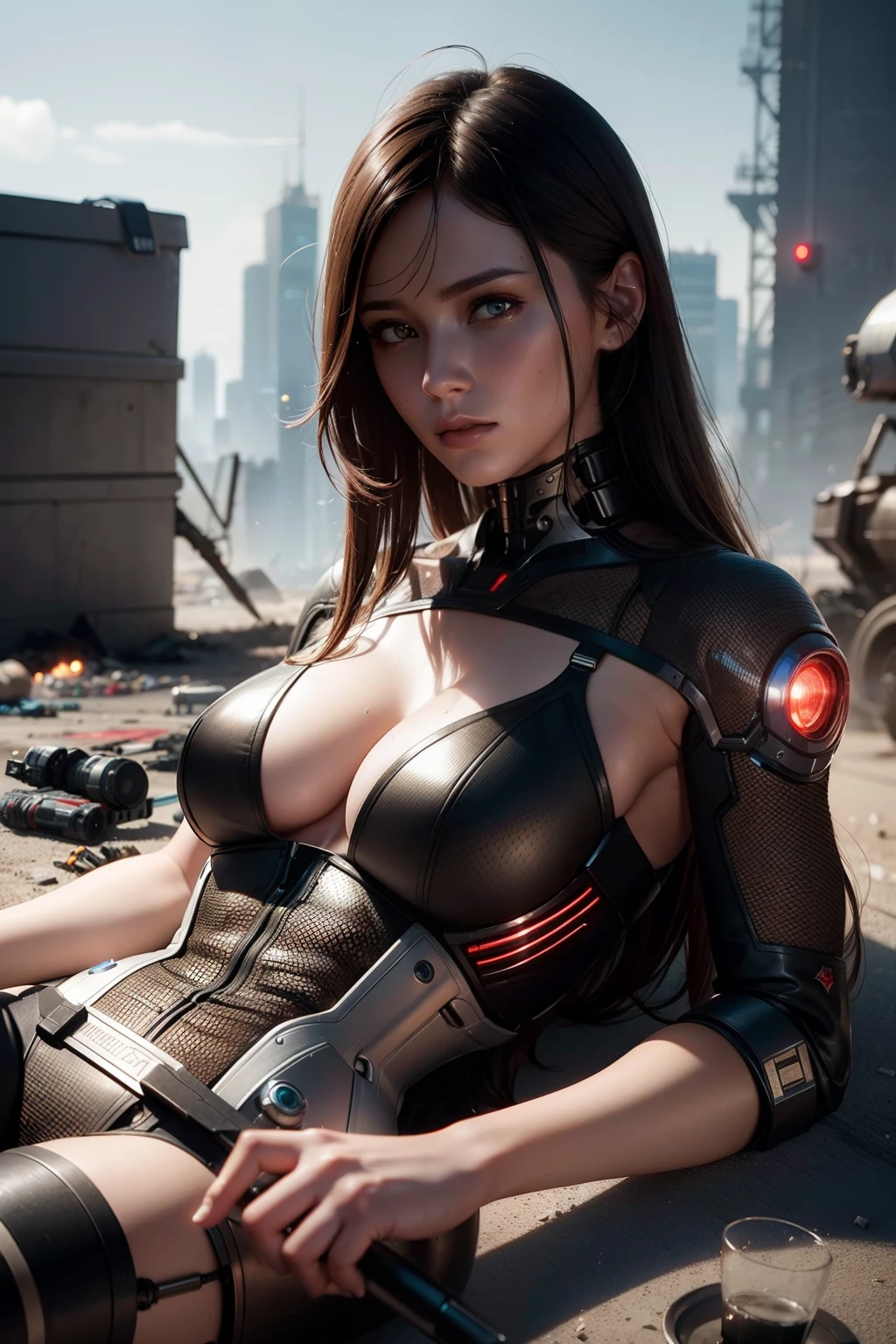 Ultra realistic, dead cyborg woman lying among the garbage + great military mechs, cyberpunk, sci-fi, fantasy, intricate, elegant, highly detailed, digital painting, artstation, concept art, smooth, sharp focus, illustration, art by artgerm and greg rutkowski