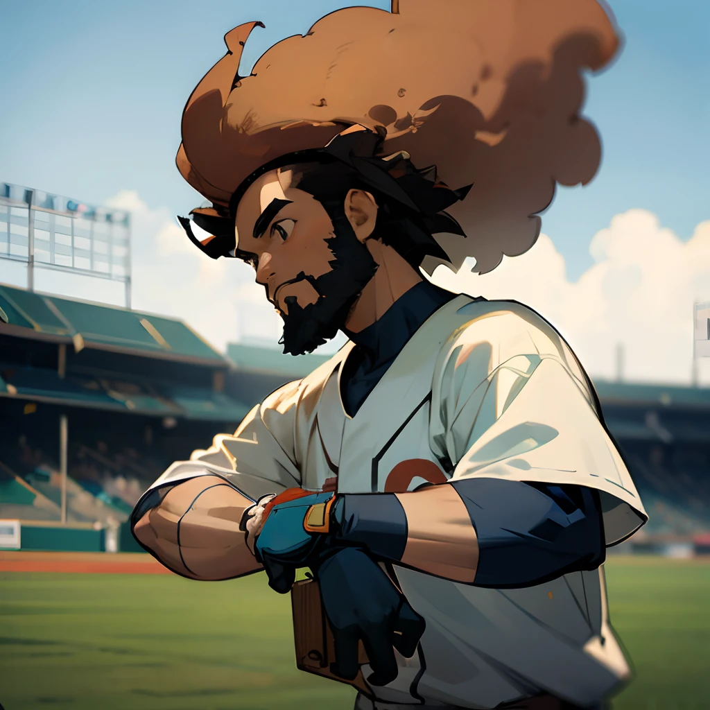(depth of fields:1.2)、Man in his 30s wearing a baseball uniform，Afro hair，a beard、Style based on the work of Capcom's Kinu Nishimura、illustratio