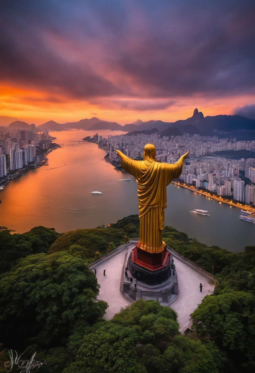 Crie uma imagem do cavaleiro ikki de fenix parado em frente a estatua do cristo redentor na cidade do rio de janeiro