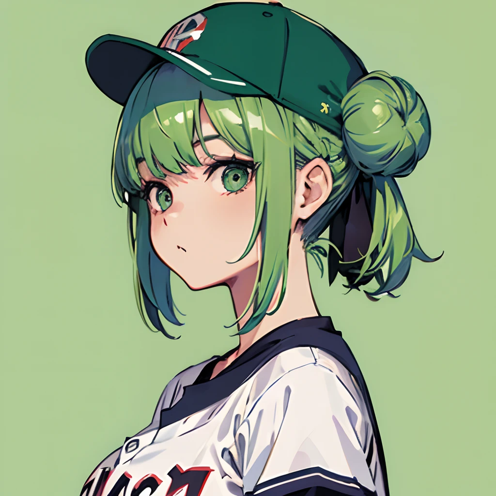 Girl in baseball uniform,Green hair bun hair,Style based on the work of Capcom's Kinuo Nishimura、illustratio