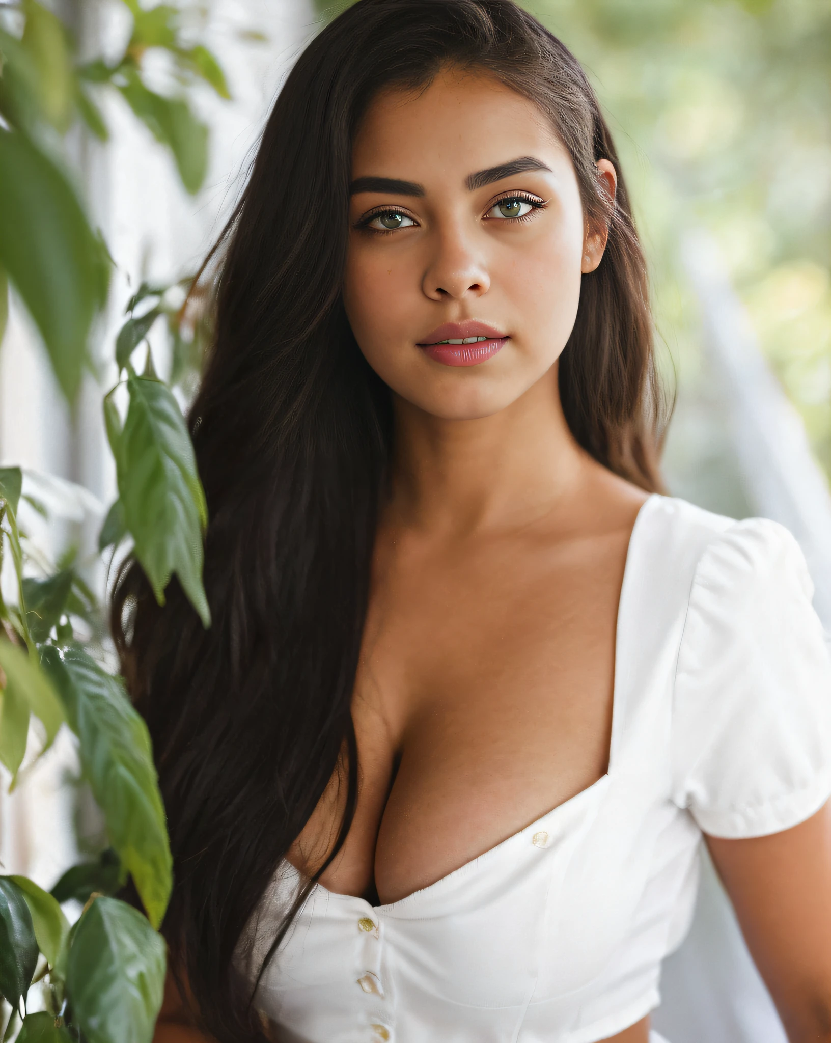 RAW photo, waist up portrait of ingrid Belásquez, Venezuelan, a beautiful woman around 18 years old, brunette, wears a white blouse, cleavage, (busty) petite, dark skin, wonderful long straight black hair, round face:1.2, children's big eyes, exotic (light green:1.3) eye, full mouth, thick lips, Innocent face, eye contact, facing the viewer, flirting with the camera, shallow depth of field, dslr, soft lighting, high quality, film grain, hasselblad, helios 44-258mm f2