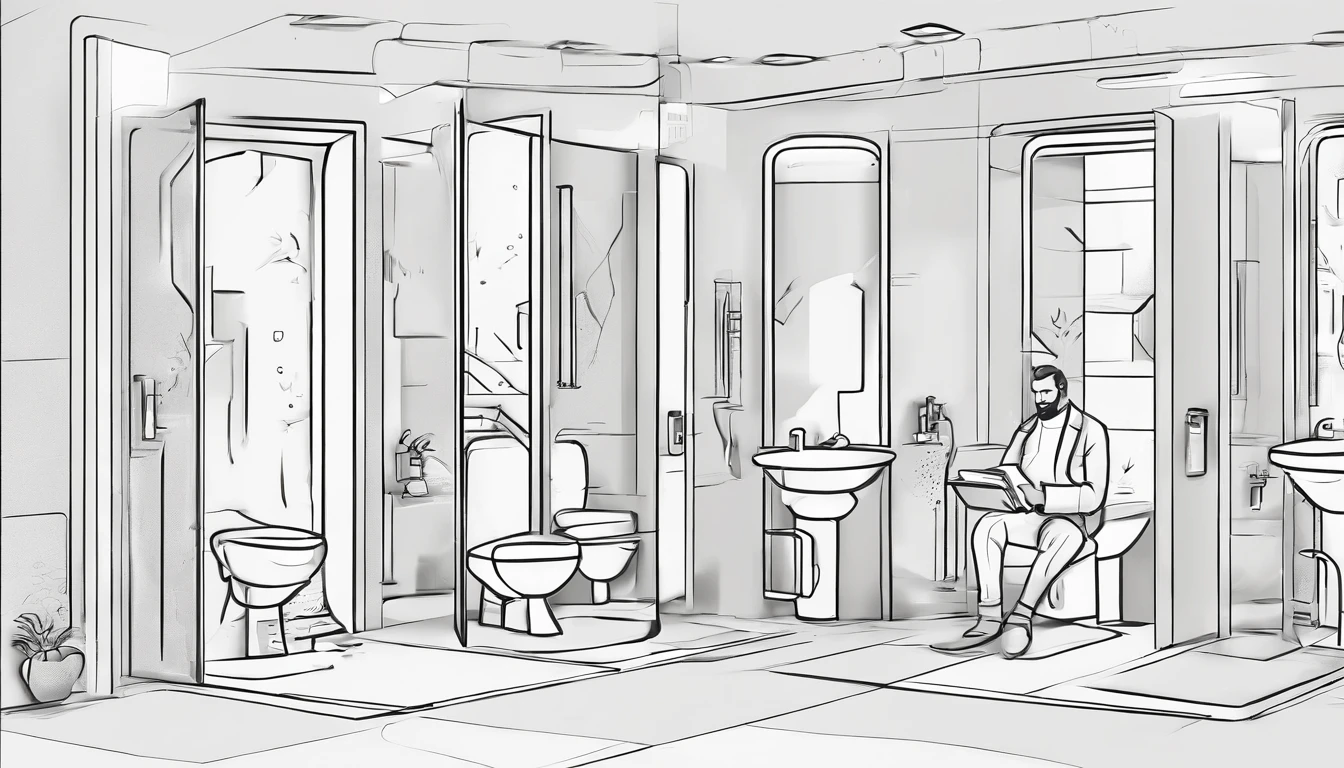 A bit dirty public toilet,mtu,Suits and shoes,Man sitting on bathroom floor,Holding a book in his hand