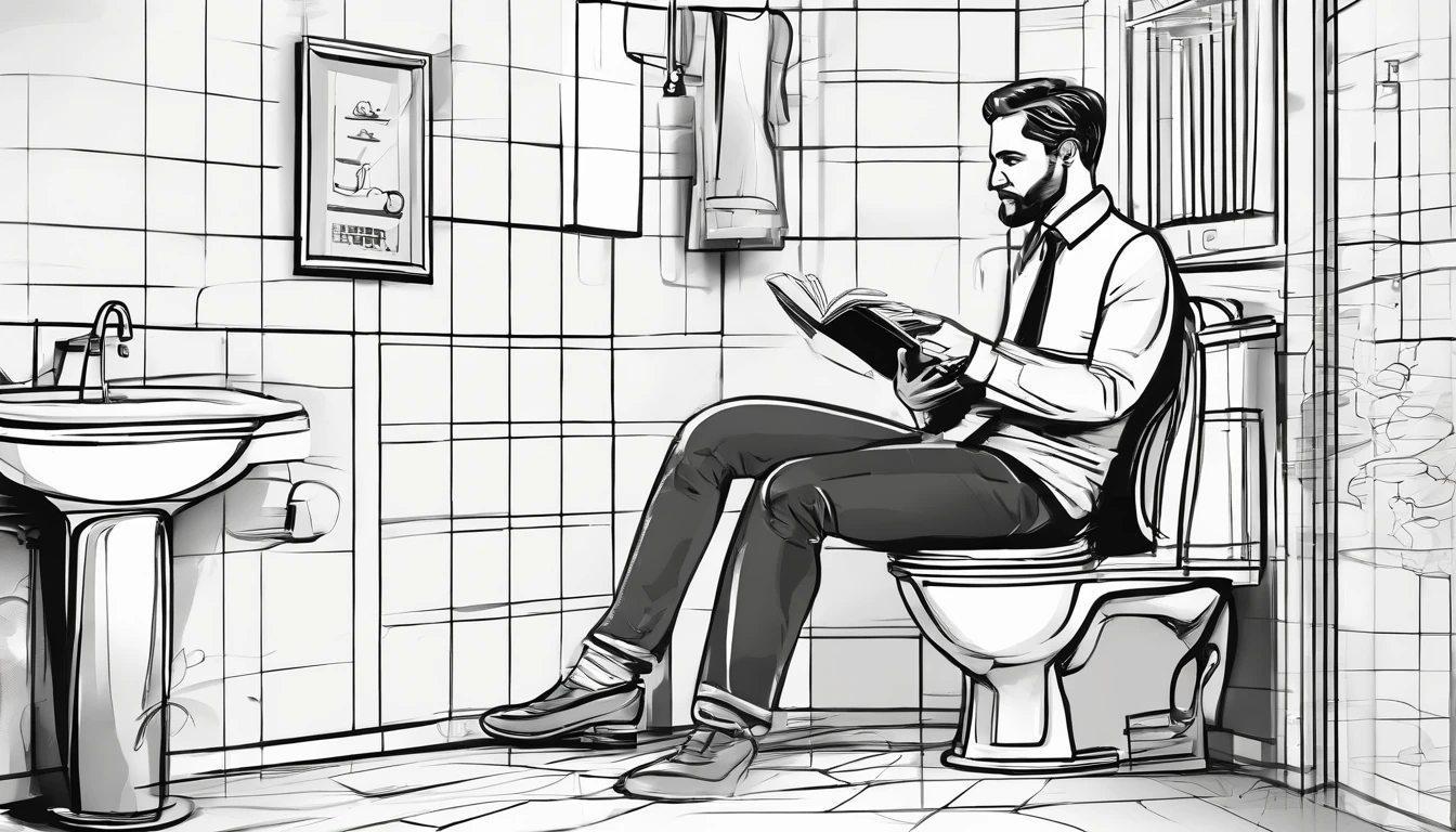 A bit dirty public toilet,mtu,Suits and shoes,Man sitting on bathroom floor,Holding a book in his hand
