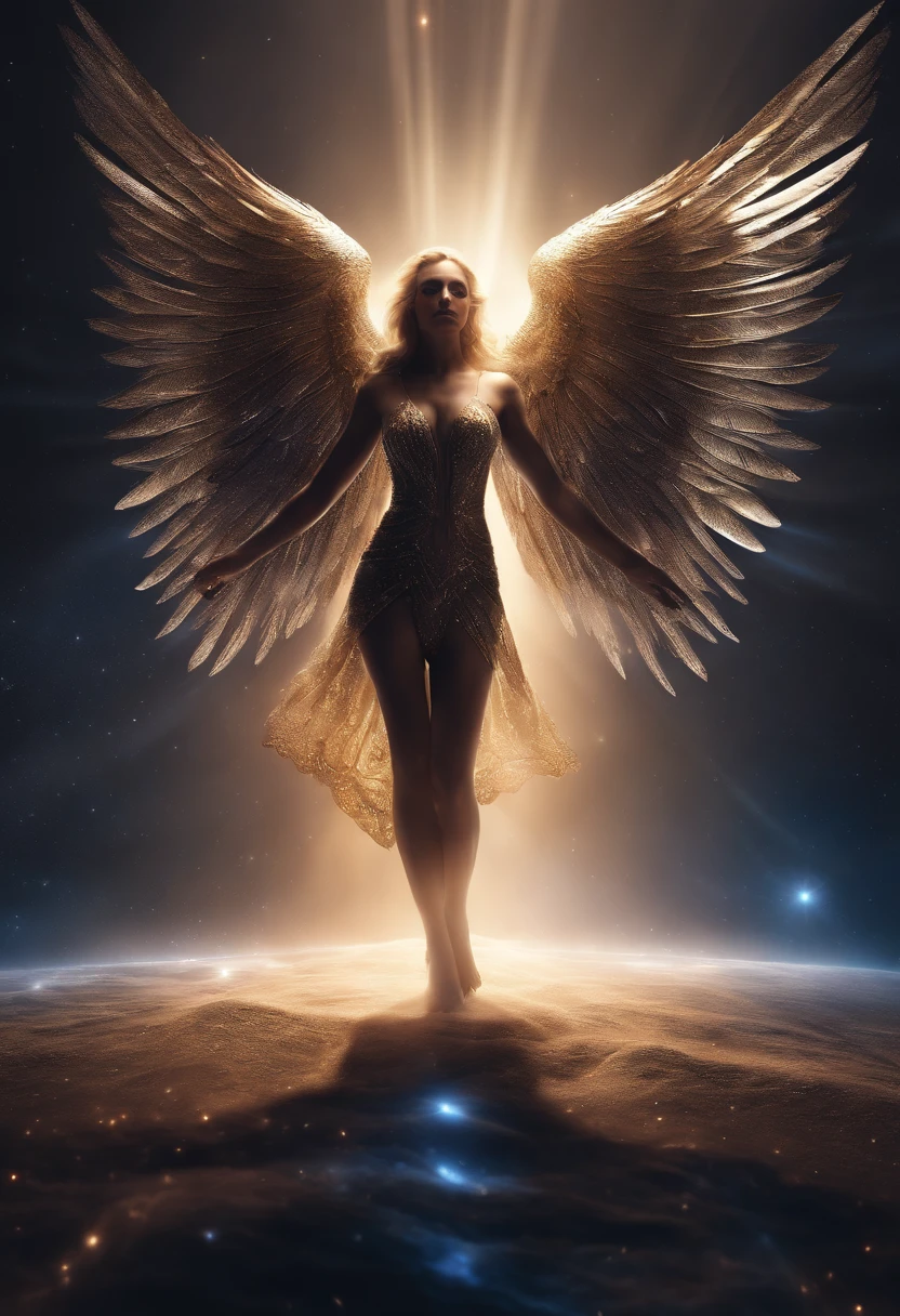 cosmic fallen angel, olhos claros brilhantes, Biomechanicals, estranho, assustador, Pesadelo, cores muito brilhantes, light particles, com luz brilhante, Mshiff, Arte do papel de parede, Papel de parede UHD