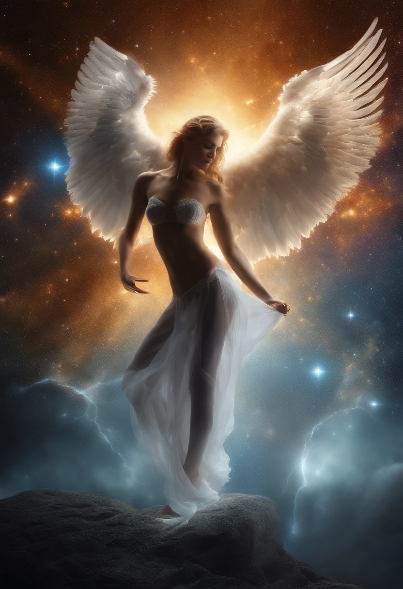 cosmic fallen angel, olhos claros brilhantes, Biomechanicals, estranho, assustador, Pesadelo, cores muito brilhantes, light particles, com luz brilhante, Mshiff, Arte do papel de parede, Papel de parede UHD