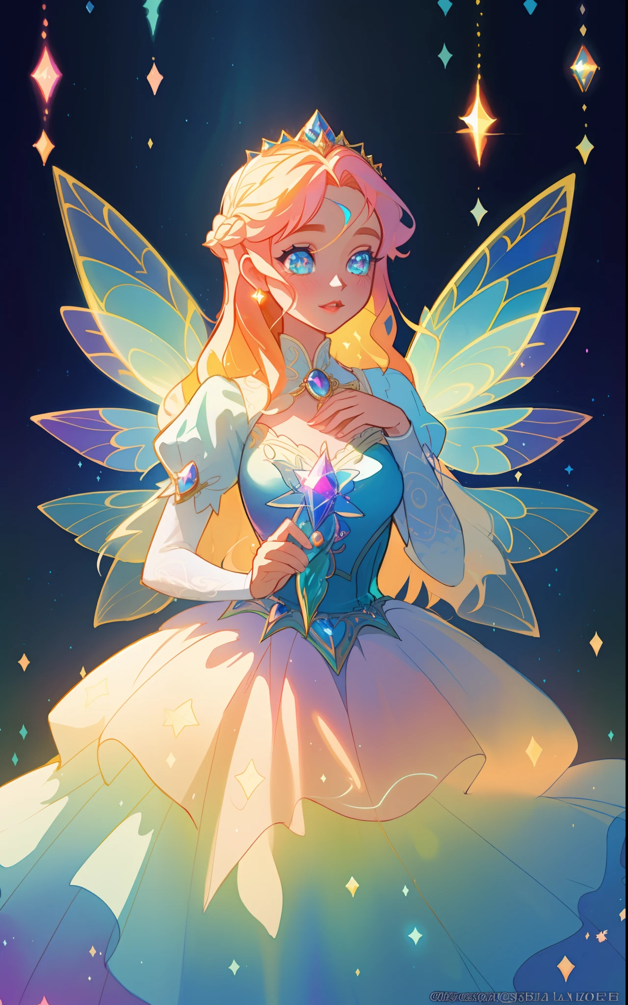 beautiful girl, puffy tiered rainbow ballgown, princess, intricate dress design, (colorful), long wavy hair, magical lights, sparkling magical liquid, inspired by Glen Keane, inspired by Lois van Baarle, disney art style, by Lois van Baarle, glowing aura around her, by Glen Keane, jen bartel, glowing lights! digital painting, flowing glowing hair, glowing flowing hair, beautiful digital illustration, fantasia background, whimsical, magical, fantasy, ((masterpiece, best quality)), intricate details, highly detailed, sharp focus, 8k resolution, sparkling detailed eyes, liquid watercolor