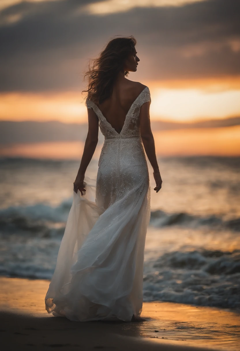 Beautiful woman wearing dress dancing on the beach at midnight