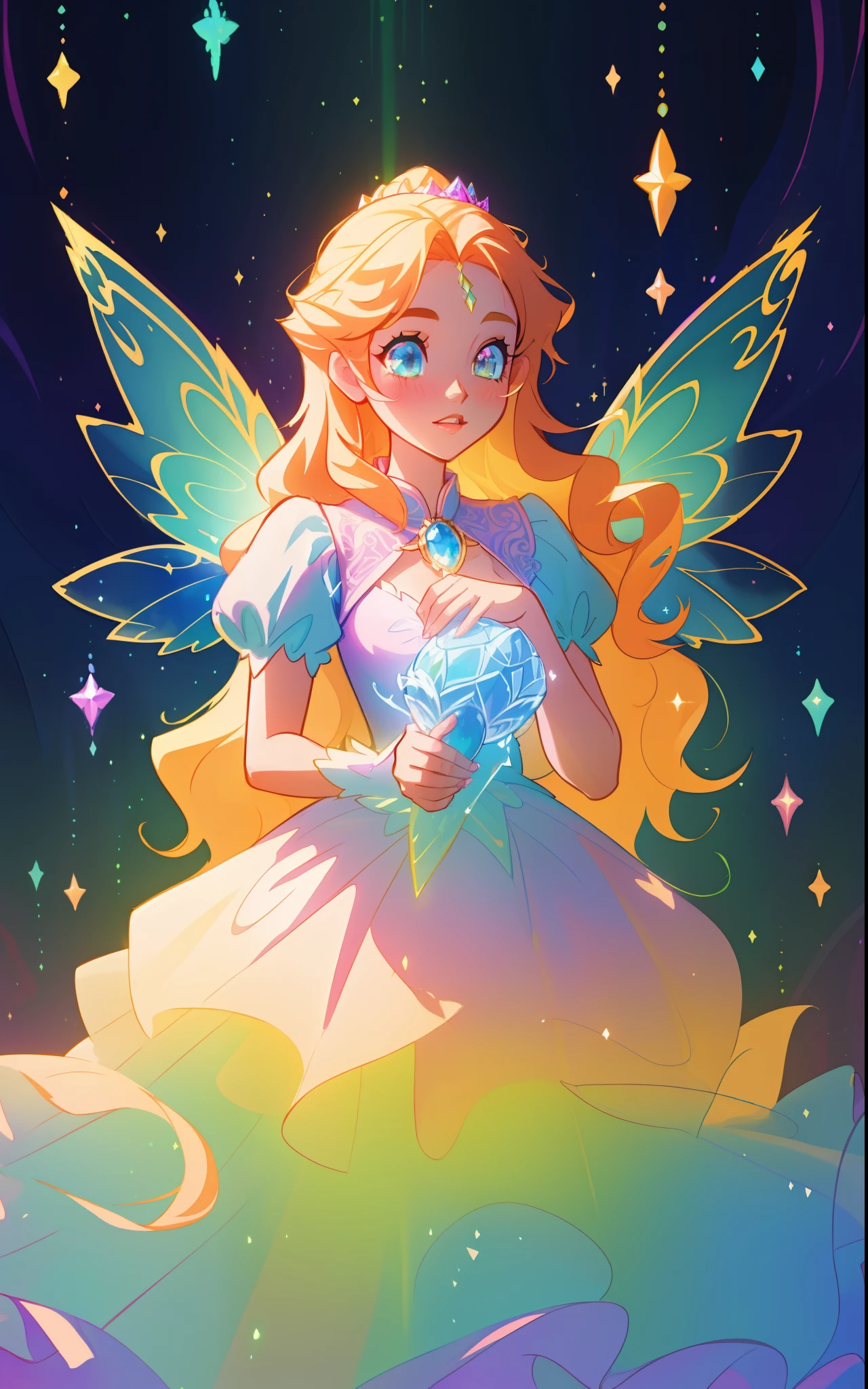 beautiful girl, puffy tiered ballgown, fairy wings, fairy princess, intricate dress design, (colorful), long wavy hair, magical lights, sparkling magical liquid, inspired by Glen Keane, inspired by Lois van Baarle, disney art style, by Lois van Baarle, glowing aura around her, by Glen Keane, jen bartel, glowing lights! digital painting, flowing glowing hair, glowing flowing hair, beautiful digital illustration, fantasia background, whimsical, magical, fantasy, ((masterpiece, best quality)), intricate details, highly detailed, sharp focus, 8k resolution, sparkling detailed eyes, liquid watercolor