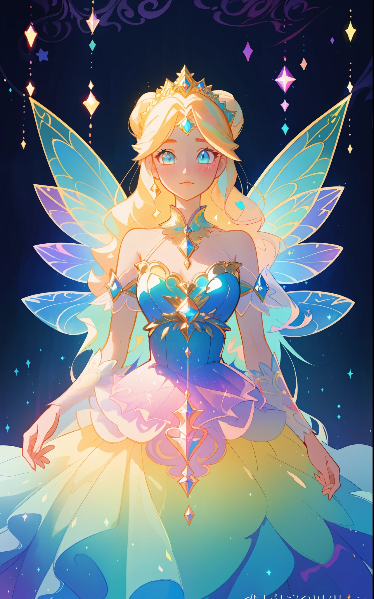 beautiful girl, puffy tiered rainbow ballgown, princess, intricate dress design, (colorful), long wavy hair, magical lights, sparkling magical liquid, inspired by Glen Keane, inspired by Lois van Baarle, disney art style, by Lois van Baarle, glowing aura around her, by Glen Keane, jen bartel, glowing lights! digital painting, flowing glowing hair, glowing flowing hair, beautiful digital illustration, fantasia background, whimsical, magical, fantasy, ((masterpiece, best quality)), intricate details, highly detailed, sharp focus, 8k resolution, sparkling detailed eyes, liquid watercolor