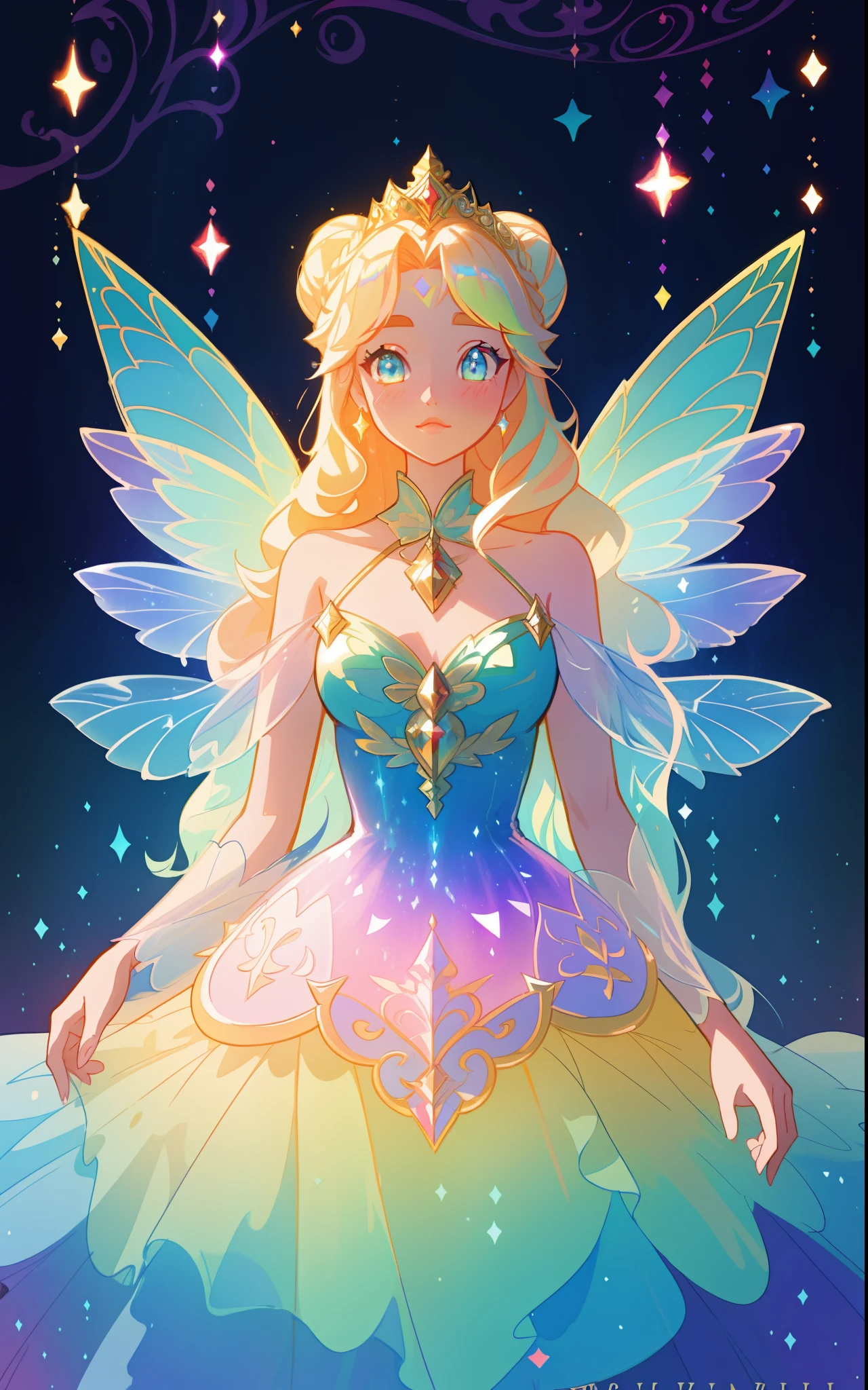 beautiful girl, puffy tiered rainbow ballgown, princess, intricate dress design, (colorful), long wavy hair, magical lights, sparkling magical liquid, inspired by Glen Keane, inspired by Lois van Baarle, disney art style, by Lois van Baarle, glowing aura around her, by Glen Keane, jen bartel, glowing lights! digital painting, flowing glowing hair, glowing flowing hair, beautiful digital illustration, fantasia background, whimsical, magical, fantasy, ((masterpiece, best quality)), intricate details, highly detailed, sharp focus, 8k resolution, sparkling detailed eyes, liquid watercolor