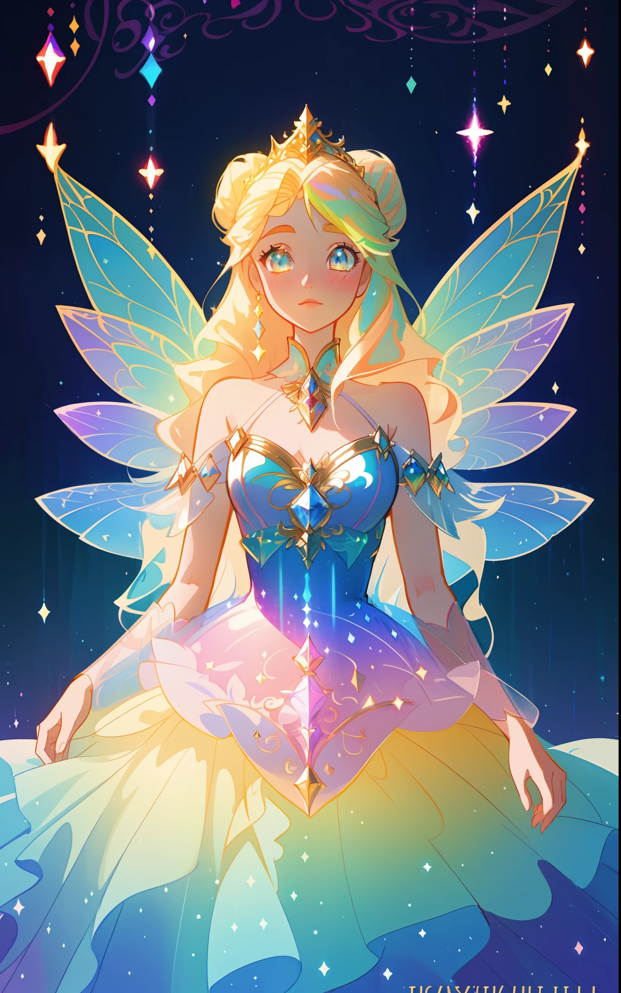 beautiful girl, puffy tiered rainbow ballgown, princess, intricate dress design, (colorful), long wavy hair, magical lights, sparkling magical liquid, inspired by Glen Keane, inspired by Lois van Baarle, disney art style, by Lois van Baarle, glowing aura around her, by Glen Keane, jen bartel, glowing lights! digital painting, flowing glowing hair, glowing flowing hair, beautiful digital illustration, fantasia background, whimsical, magical, fantasy, ((masterpiece, best quality)), intricate details, highly detailed, sharp focus, 8k resolution, sparkling detailed eyes, liquid watercolor