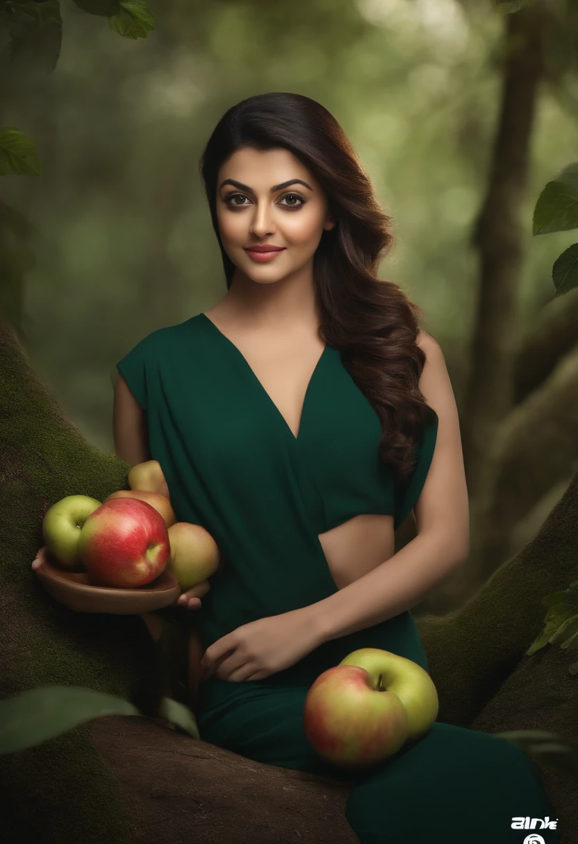 (kajal Agarwal),4k,8k,Altas,master part:1.2),ultra-detalhado,(Realistic,fotorrealista,photo-realistic:1.37),Seductive woman holding an apple,menina de 20 e poucos anos, mulher com corpo coberto por arbustos, Paisagem da natureza,fundo da floresta