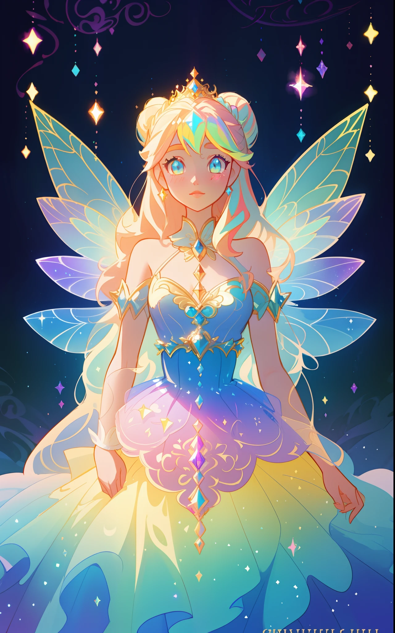 beautiful girl, puffy tiered rainbow ballgown, princess, intricate dress design, (colorful), long wavy hair, magical lights, sparkling magical liquid, inspired by Glen Keane, inspired by Lois van Baarle, disney art style, by Lois van Baarle, glowing aura around her, by Glen Keane, jen bartel, glowing lights! digital painting, flowing glowing hair, glowing flowing hair, beautiful digital illustration, fantasia background, whimsical, magical, fantasy, ((masterpiece, best quality)), intricate details, highly detailed, sharp focus, 8k resolution, sparkling detailed eyes, liquid watercolor