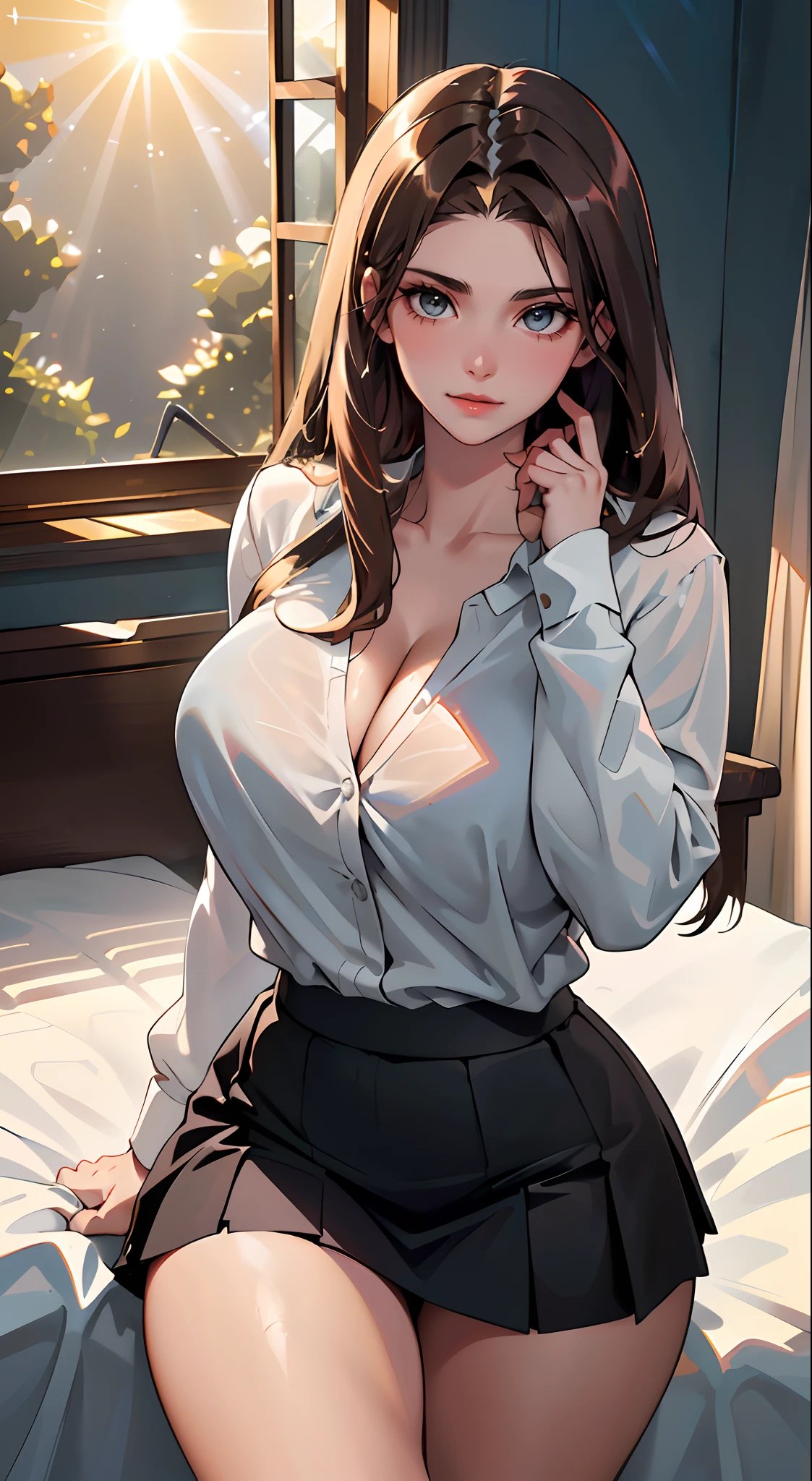 (The photo was taken in a bedroom, there is a window in the background and you can see the sun rays:2). The girl on focus, She is facing the camera. She in the bed, (you can see her sitting on the bed:1.3).
(She is wearing a white buttoned shirt:1.6), and you can see her cleavage, this photo is only focused on her, for roleplay porpuses, (she is also wearing a black skirt:1.3), revealing her curves, she has very wide hips, you can see her great shape, and you can see her beauty. (She has pornographic exposure:2), (she is beautiful:2), she has an evil smirk on her face.
The outfit is very tight, and she has a huge breasts, that are massive and insanely big.
(Her hair is brown:1.3), (and she has straight hair:2), or brown hair.
Her hands are perfect. The shadows in the photo are soft. The girl is illuminated perfectly. The rest of the photo is perfect with a very detailed background. This creates a sense of pleasure and intrigue. The colors are all vibrant and satisfying to look at. The face is very realistic, and she is very detailed as well, she is appealing to look at. The general mood of the photo is sensual and alluring. The girl is the center of attention of the photo, And its beauty is undeniable. The beautiful setting and dramatic colors create a sense of hypnosis and excitement. This photograph is a perfect example of professional cinematic photography. It is well lit, well-proportioned, And the theme is absolutely amazing. It is sure to attract the attention of anyone, Who will see it. You could put a ornaments in her hair. Whatever, As a result, the photo will be composed?, It is sure to be a stunning and memorable image.