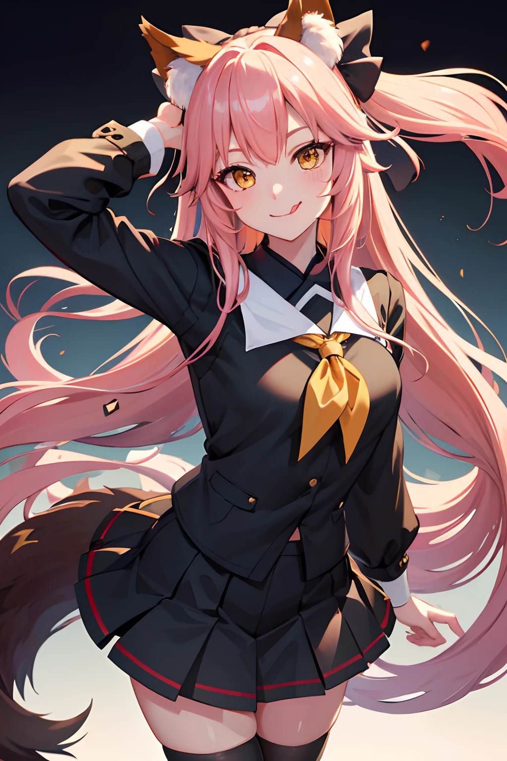 8k, highres, ultra detailed, (masterpiece:1.4), 1girl , animal ear fluff , black ribbon , black sailor collar , black serafuku , black shirt , black socks , blue neckerchief , blush , cleavage , finger to tongue , hair ornament , hair ribbon , leaning forward , long hair , long sleeves , looking at viewer , pink hair , school uniform , simple background , skirt , small breasts , smile , solo , tail , tongue , tongue out , yellow eyes, tamamo (fate)