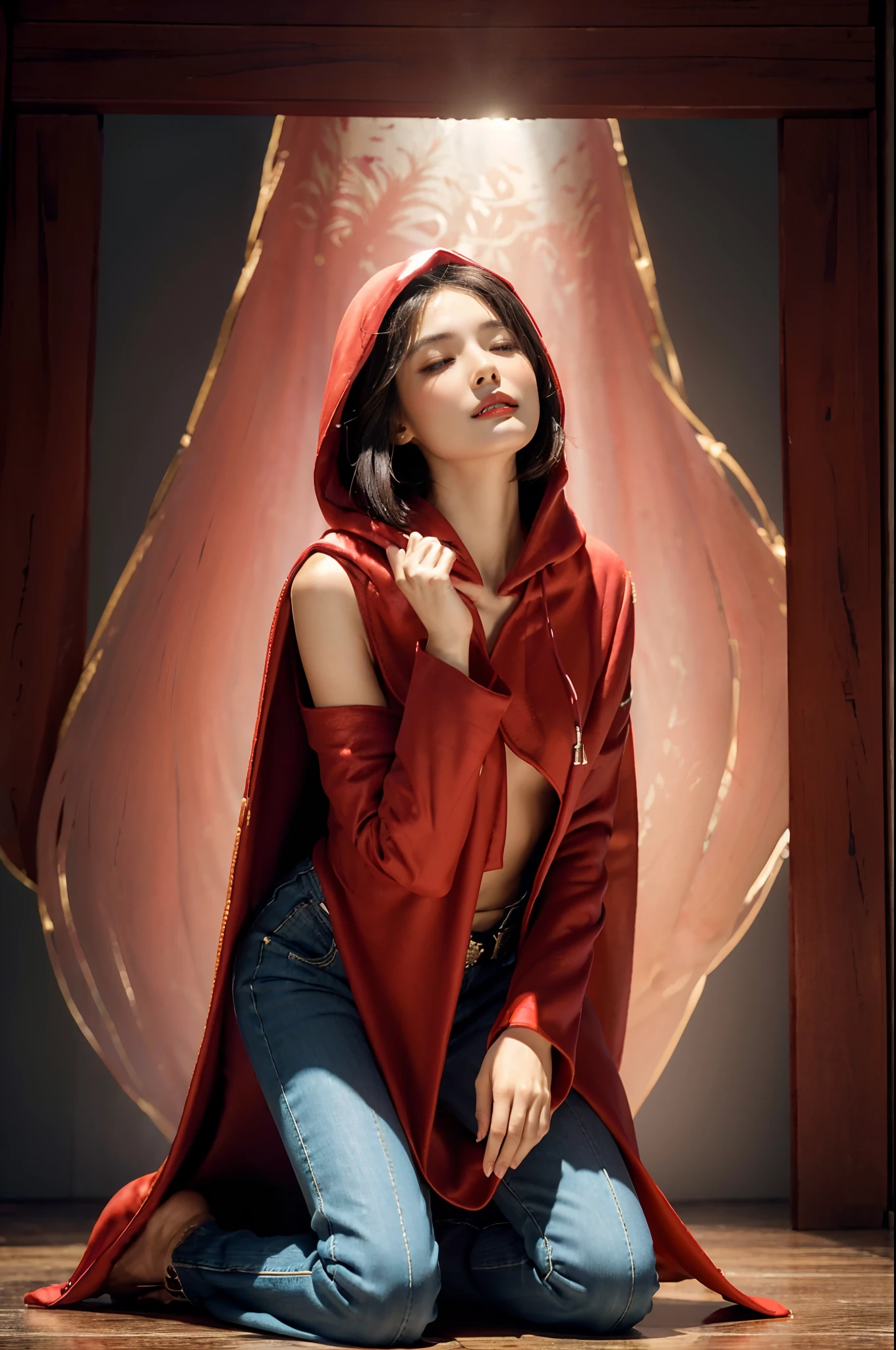 (Small underboob,Tomboyish,small heads)), (perfect bodies: 1.1), (shoulder length straight short black hair: 1.1),极其细致的CG 8k壁纸），（Extremely refined and beautiful），（masterpiece），（best qualtiy：1.0），（超高分辨率：1.0）,upper body，[A high resolution],a beautiful girl,cheerfulness，smile,(Smooth and flawless fair skin:1.5),(shiny skin:1.5),ultra - detailed ，Elongated legs,collar,Slim,thin,(Maxi red hooded cloak:1.5),(Temple Hall background:1.4),(Close shot:1.3),midday sunlight,(upright kneeling:1.5),(close eyes:1.3),(female orgasmic:1.3), (blush:1.3),(put palms together devoutly:1.3),meditating,from front,(cowboy shot:1.5),portrait